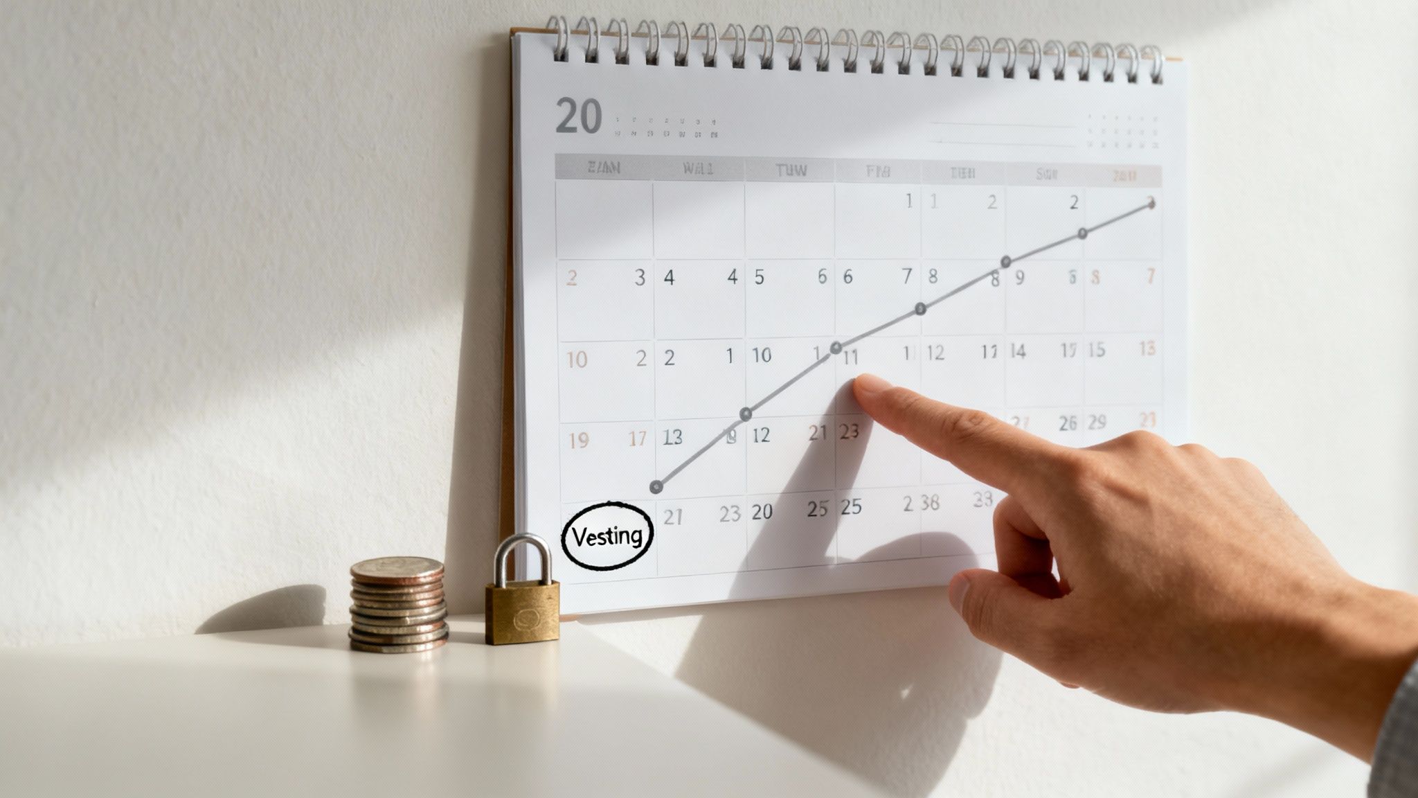 A calendar with a magnifying glass over it, representing timelines and vesting periods for a TSP account.