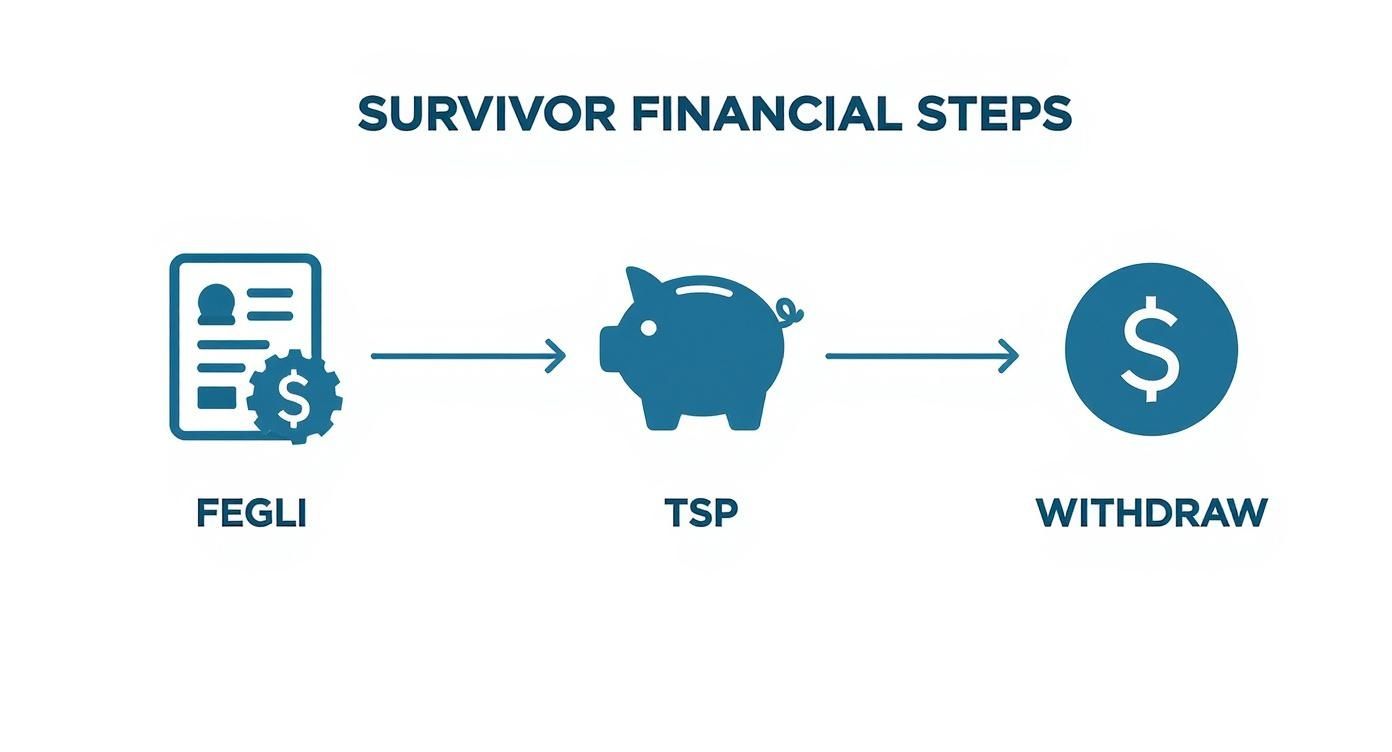 Three-step financial process diagram showing FEGLI insurance, TSP savings account, and withdrawal options for federal employees