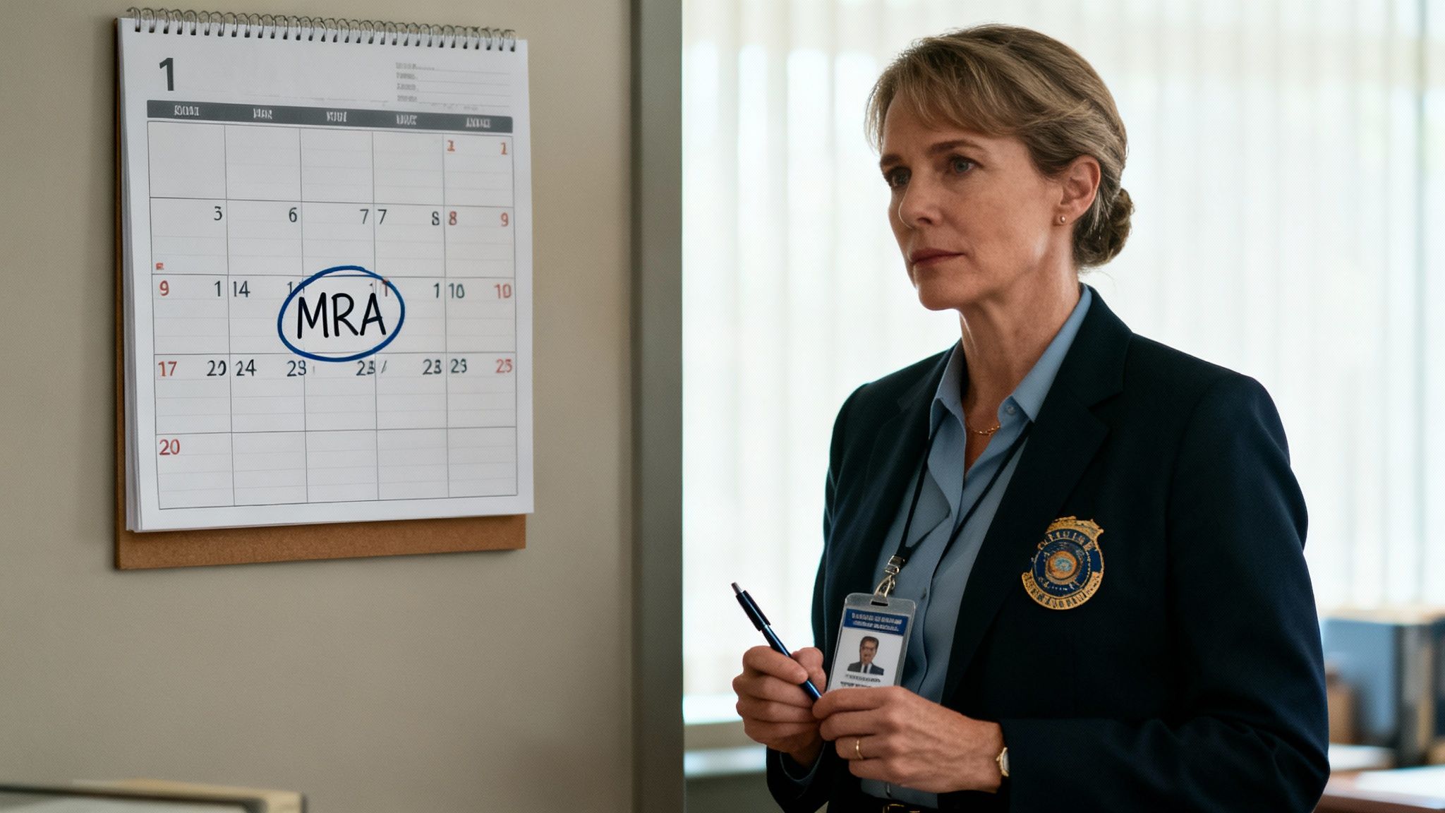 A serious-looking woman in a suit holds a pen, with a calendar showing 'MRA' in the background.