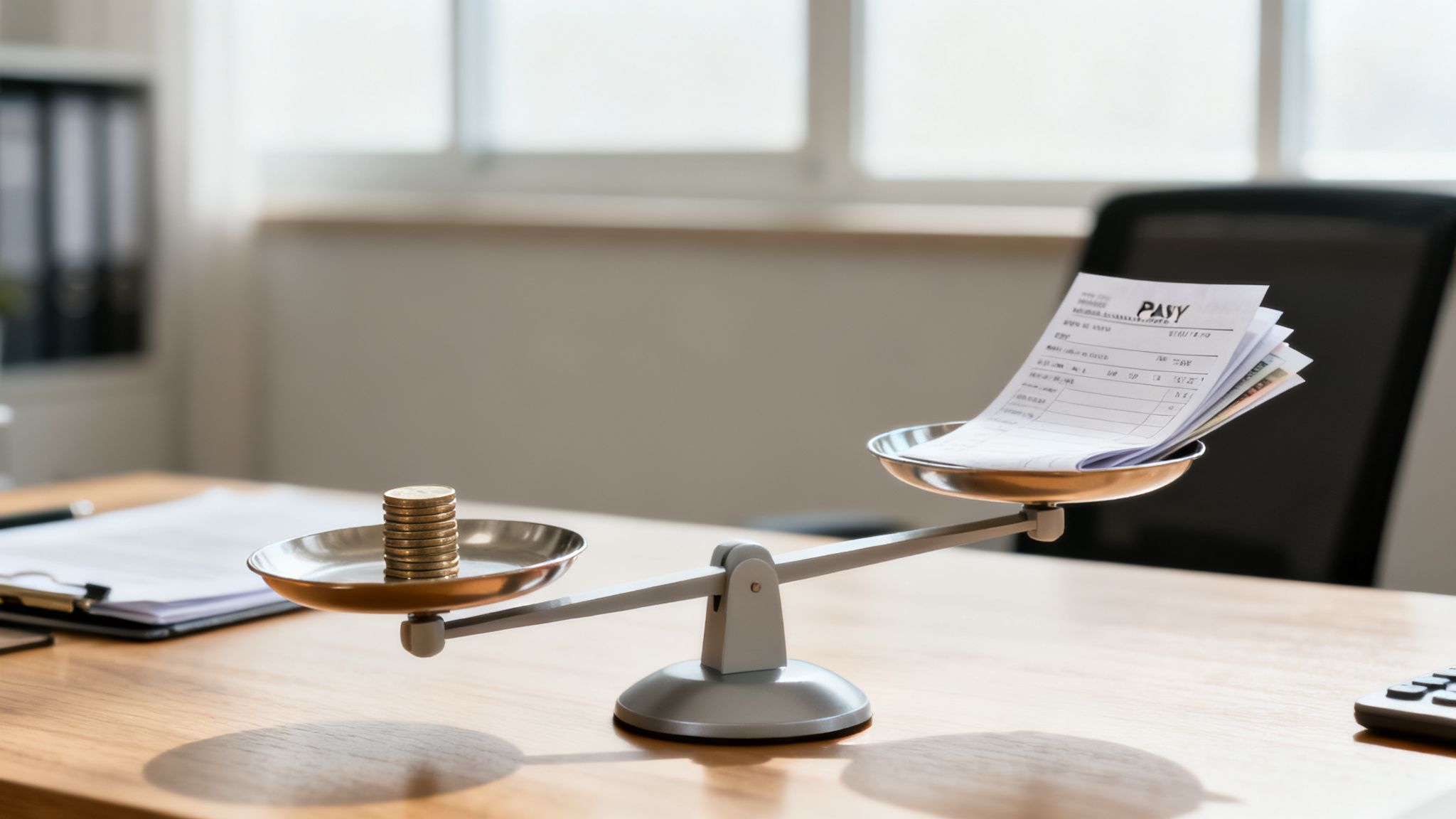 A financial scale on a desk with a stack of coins on one side and bills on the other, tilted toward the bills.