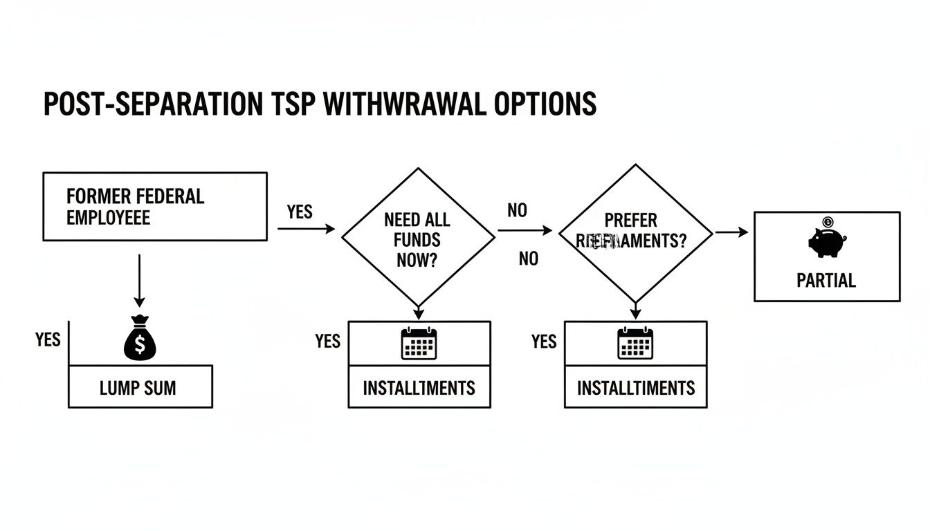 Flowchart illustrating post-separation TSP withdrawal options for former federal employees.