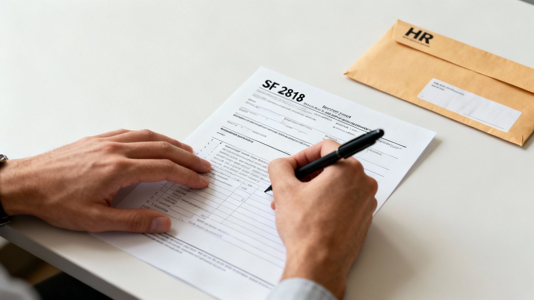 A person's hands filling out an official government form with a pen A person's hands filling out an official government form with a pen