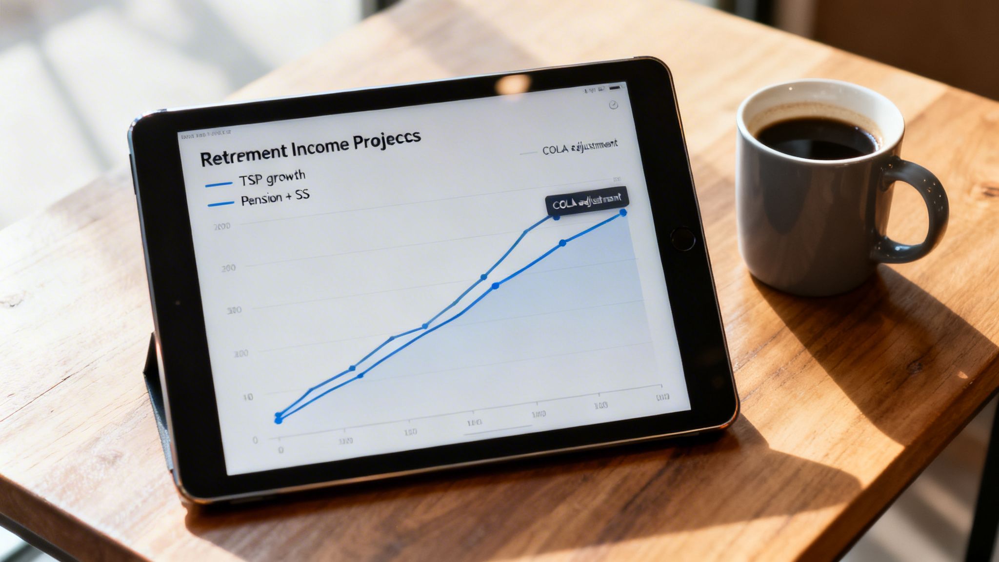 A tablet displaying a retirement income projection graph with TSP growth and pension data next to a coffee cup.