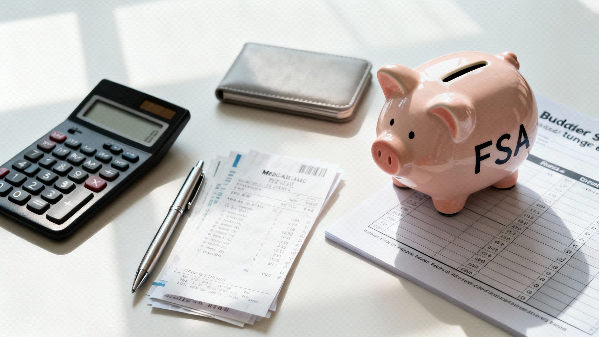 A calculator, receipts, and a pink FSA piggy bank on a desk, symbolizing healthcare savings.