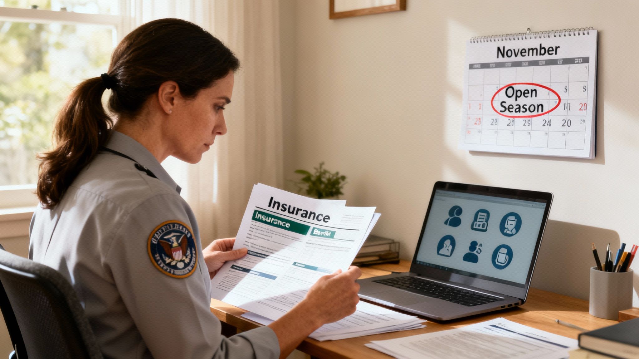 A woman reviews insurance documents at her desk with a laptop and a calendar showing 'Open Season'.
