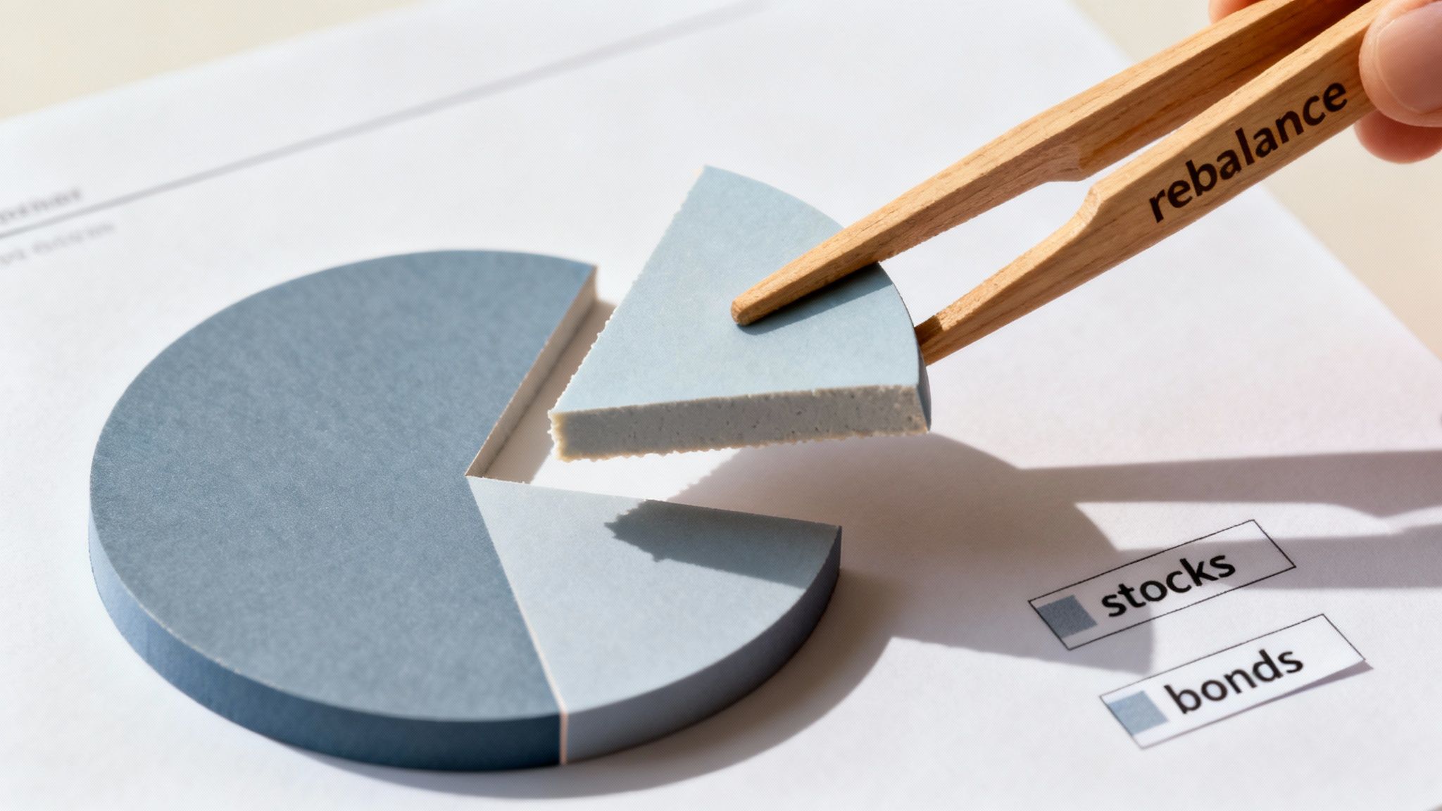 Hands use 'rebalance' tongs to adjust a pie chart segment representing investment allocation between stocks and bonds.