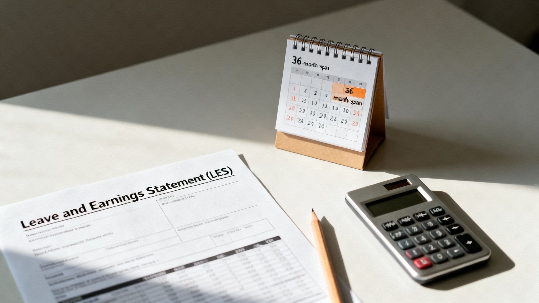 Leave and earnings statement with calculator and calendar for retirement planning calculations