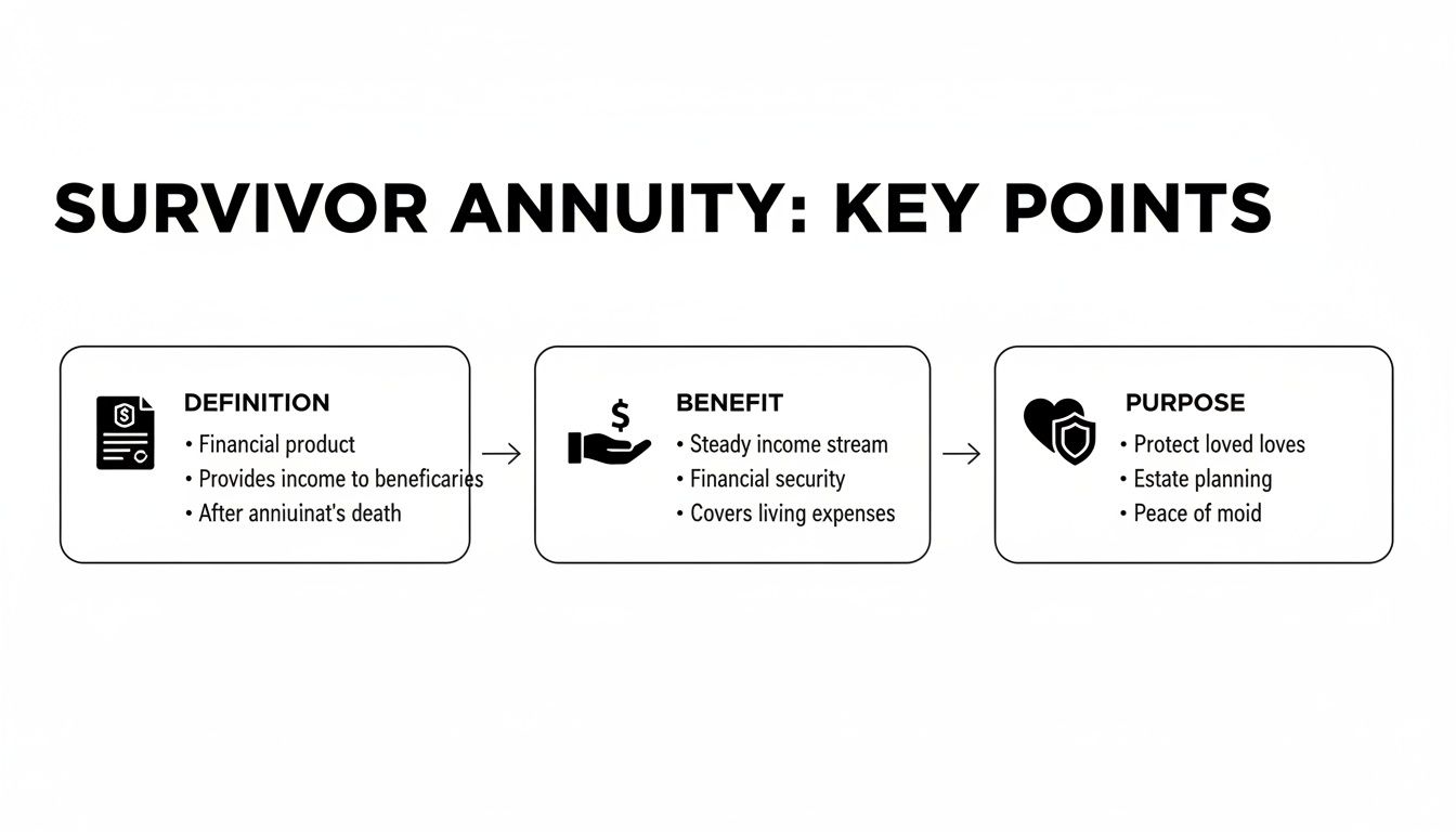 Infographic outlining survivor annuity key points: definition, benefits like steady income, and purpose for loved ones.