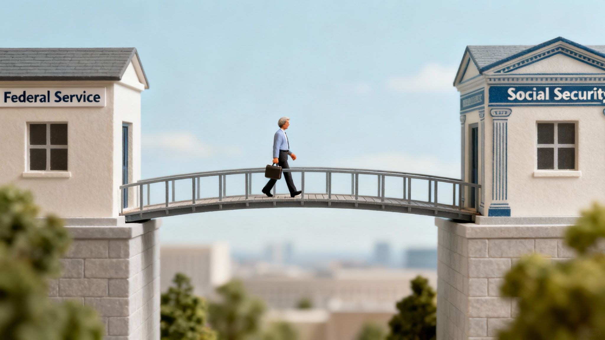 A person crossing a bridge at sunrise, symbolizing the FERS supplement bridging the gap to retirement.