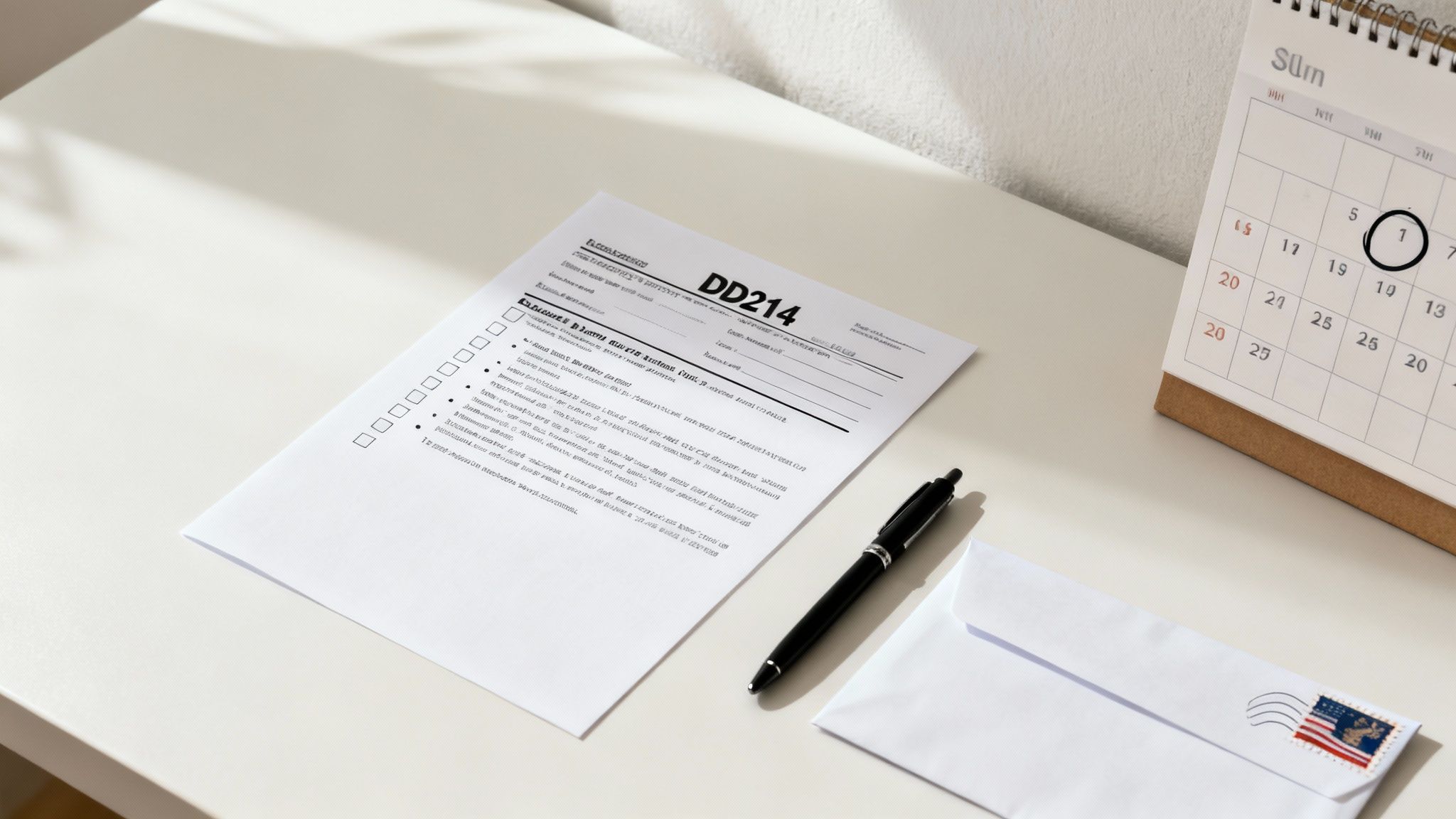 A DD214 military discharge form, pen, envelope, and calendar on a desk. A DD214 military discharge form, pen, envelope, and calendar on a desk.