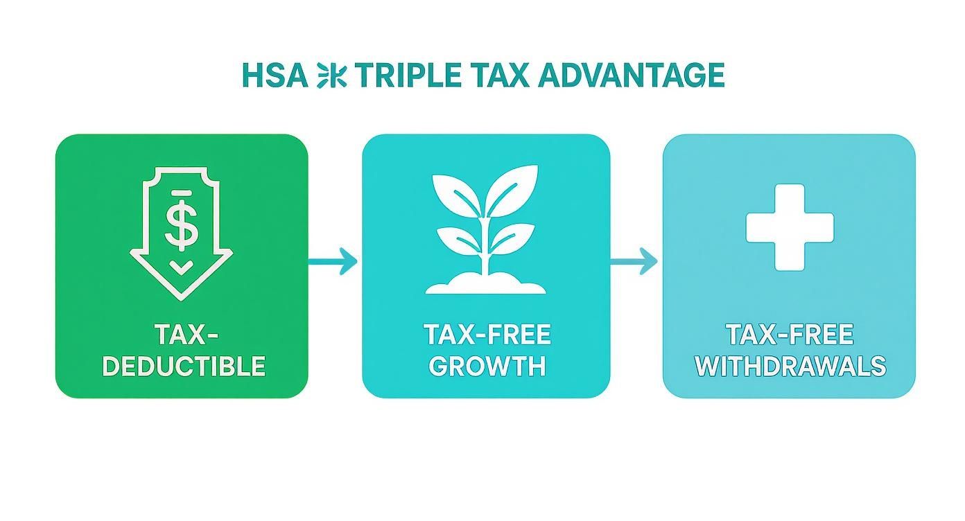 HSA triple tax advantage infographic showing tax-deductible contributions, tax-free growth, and tax-free withdrawals HSA triple tax advantage infographic showing tax-deductible contributions, tax-free growth, and tax-free withdrawals