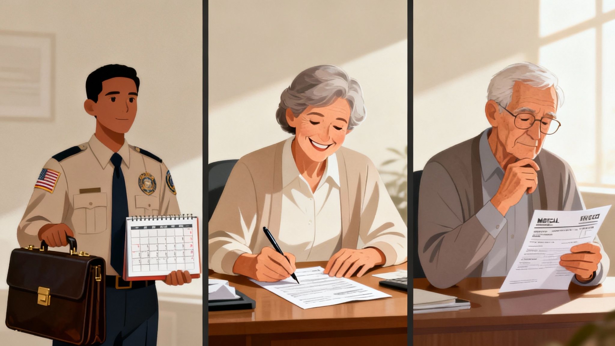 Three individuals representing different life stages handling paperwork: a man in uniform, a woman signing, and an elderly man reading.