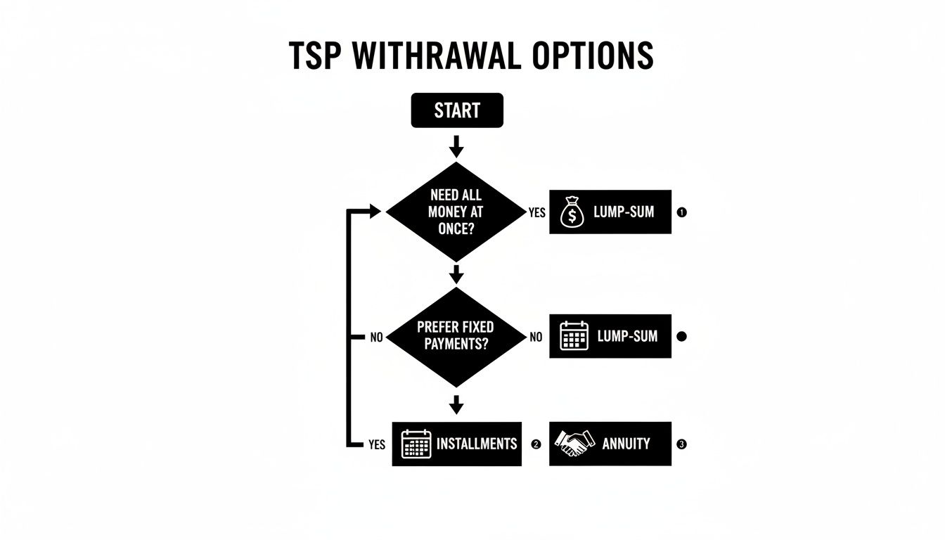 Flowchart illustrating Thrift Savings Plan (TSP) withdrawal options: Lump-Sum, Installments, Annuity.