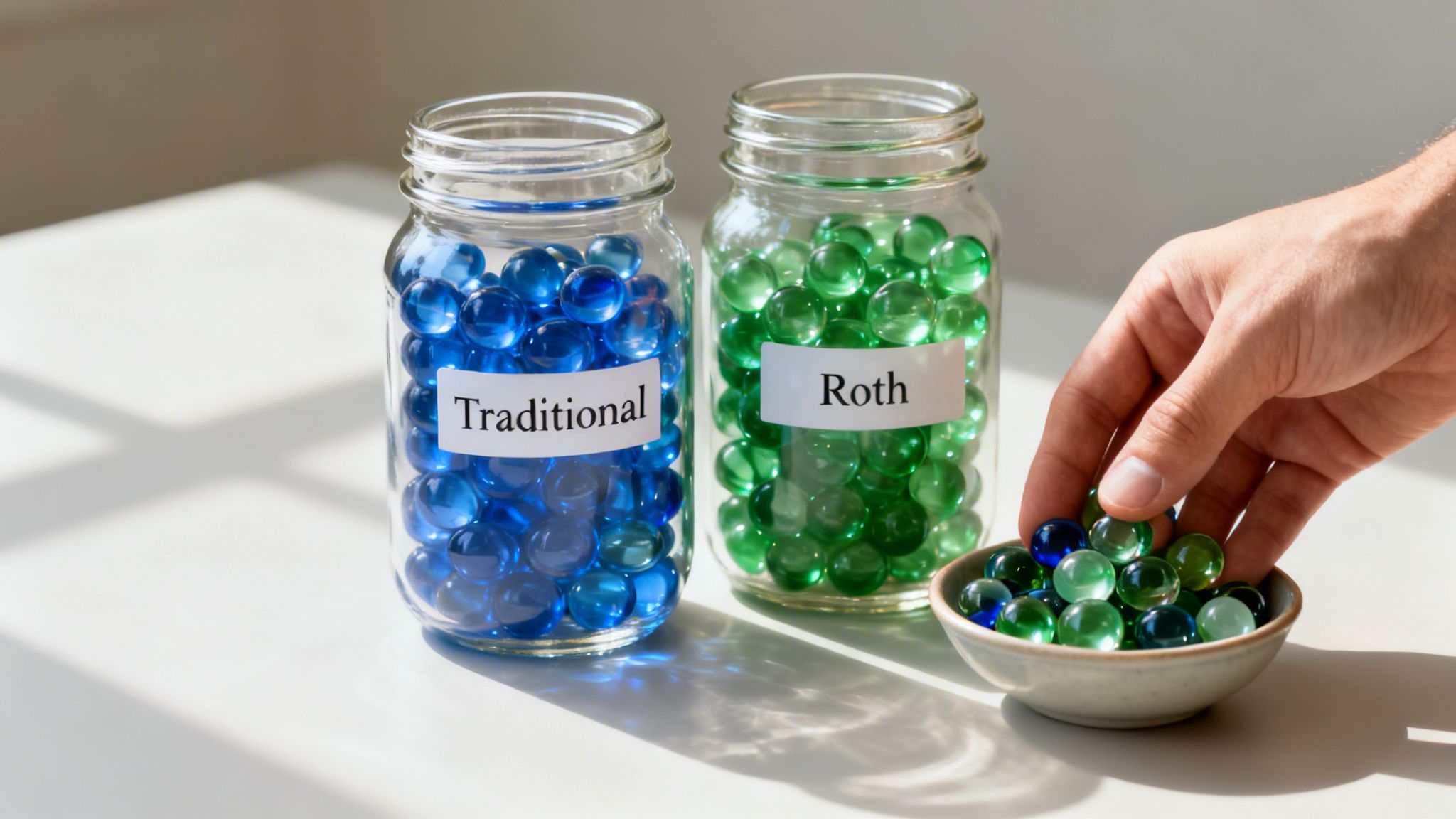 A hand selects marbles from a bowl next to "Traditional" and "Roth" labeled jars.