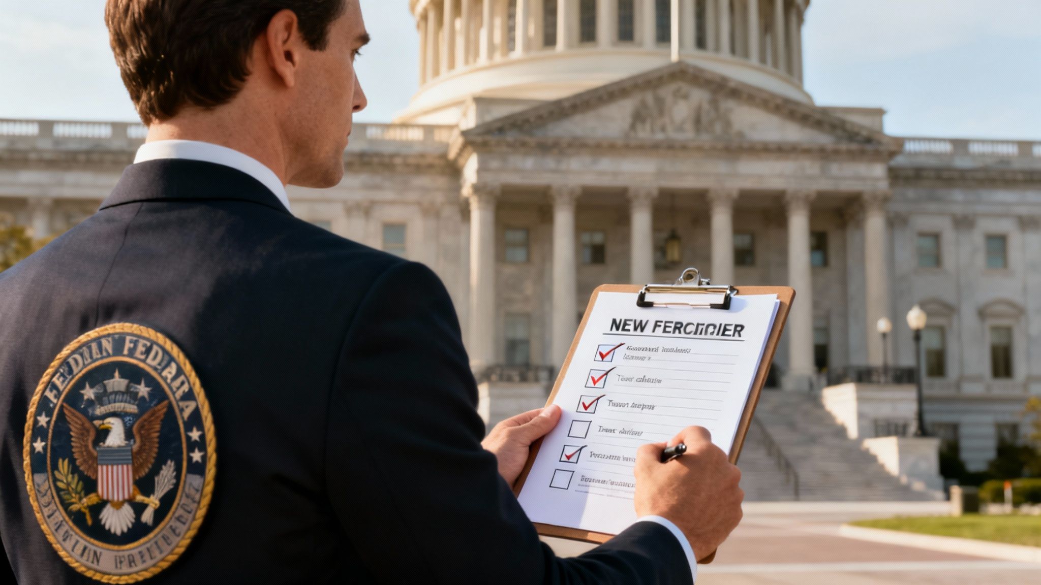 A federal employee working at a desk, reviewing documents.