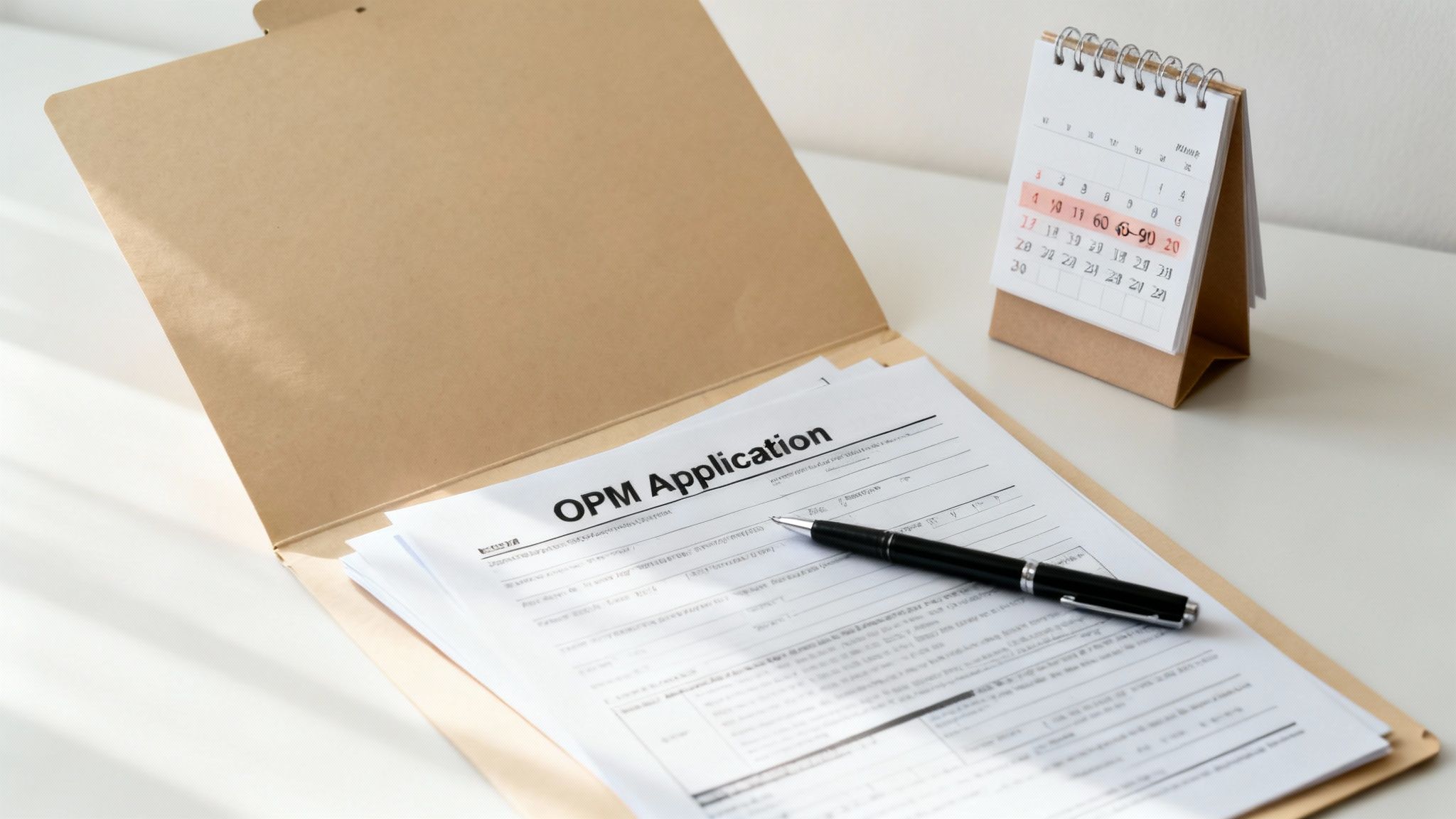 OPM application form with black pen in folder beside desk calendar for retirement planning OPM application form with black pen in folder beside desk calendar for retirement planning