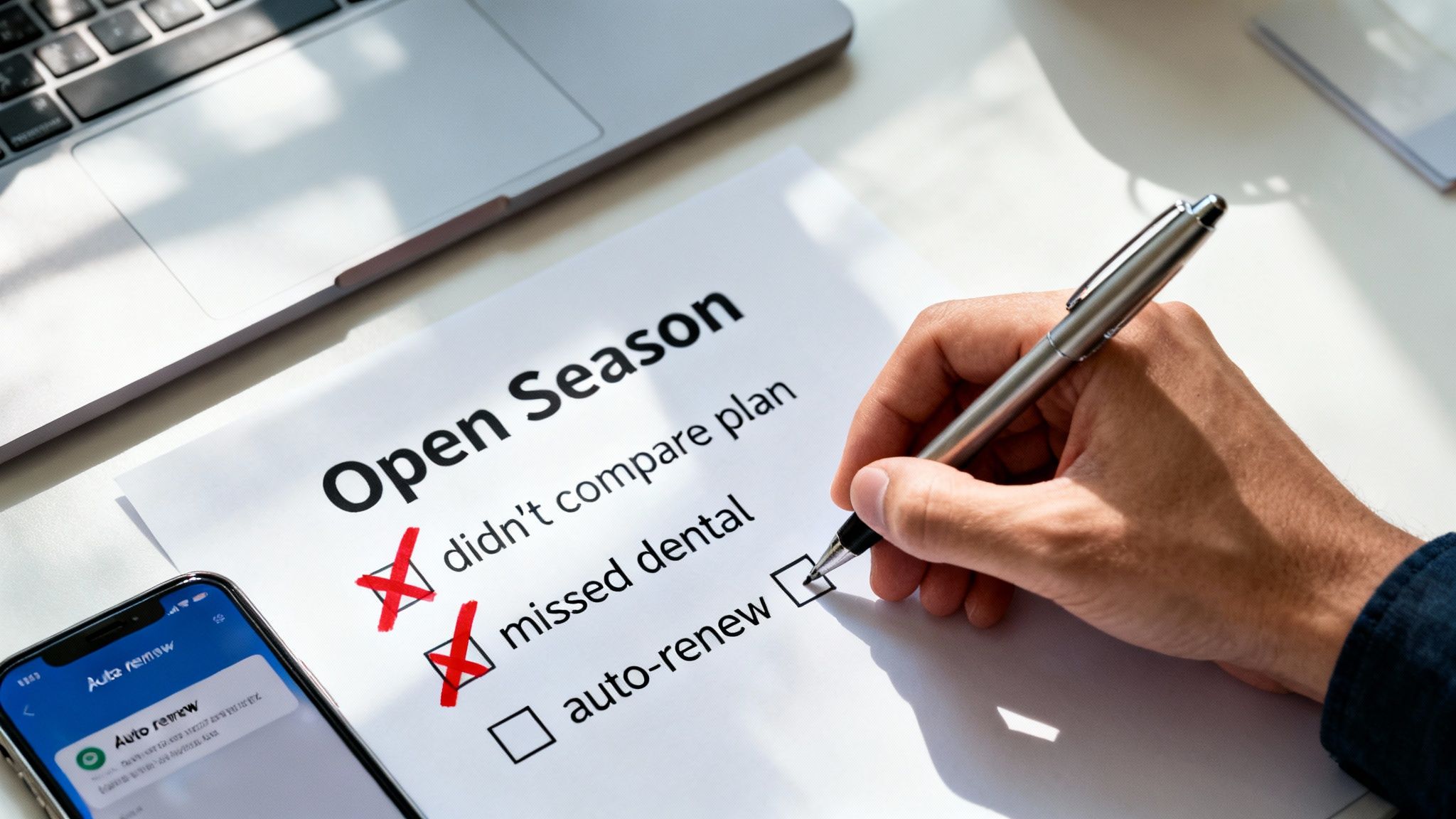 A person's hand with a pen checking an 'auto-renew' box on an 'Open Season' form next to a smartphone.
