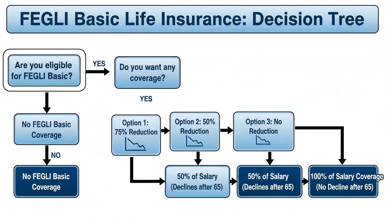 FEGLI Basic Life Insurance decision tree illustrating eligibility, coverage options, reductions, and salary benefits.