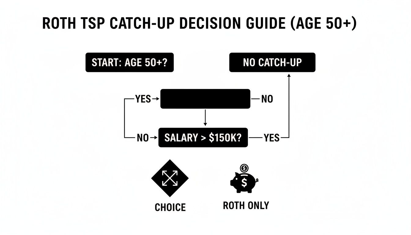 A flowchart guides individuals aged 50+ on Roth TSP catch-up contributions based on age and salary.