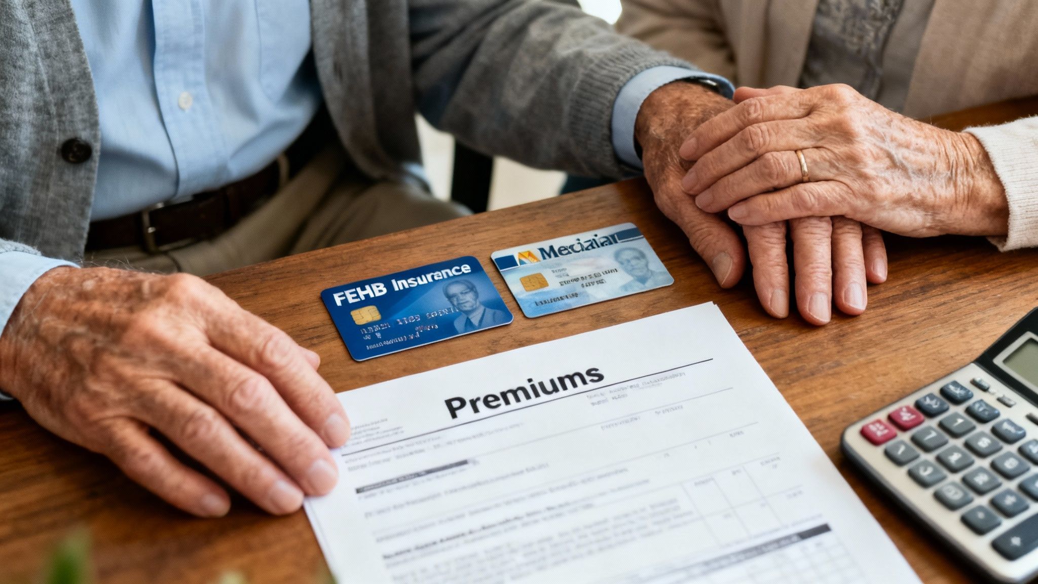 Elderly couple's hands on a table with health insurance cards, premium document, and calculator, discussing finances.