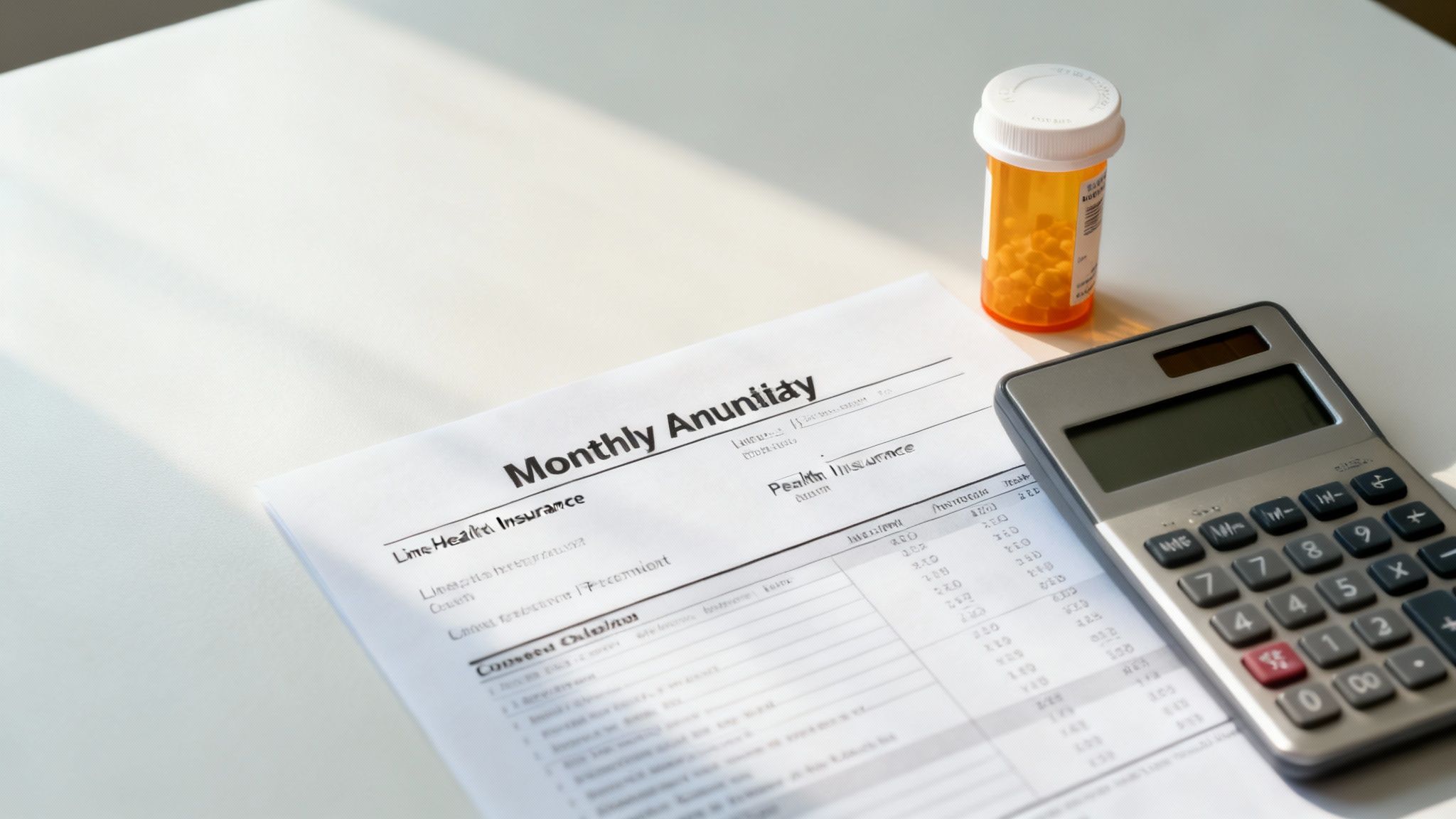 A calculator and pen resting on financial documents, representing retirement budget planning.