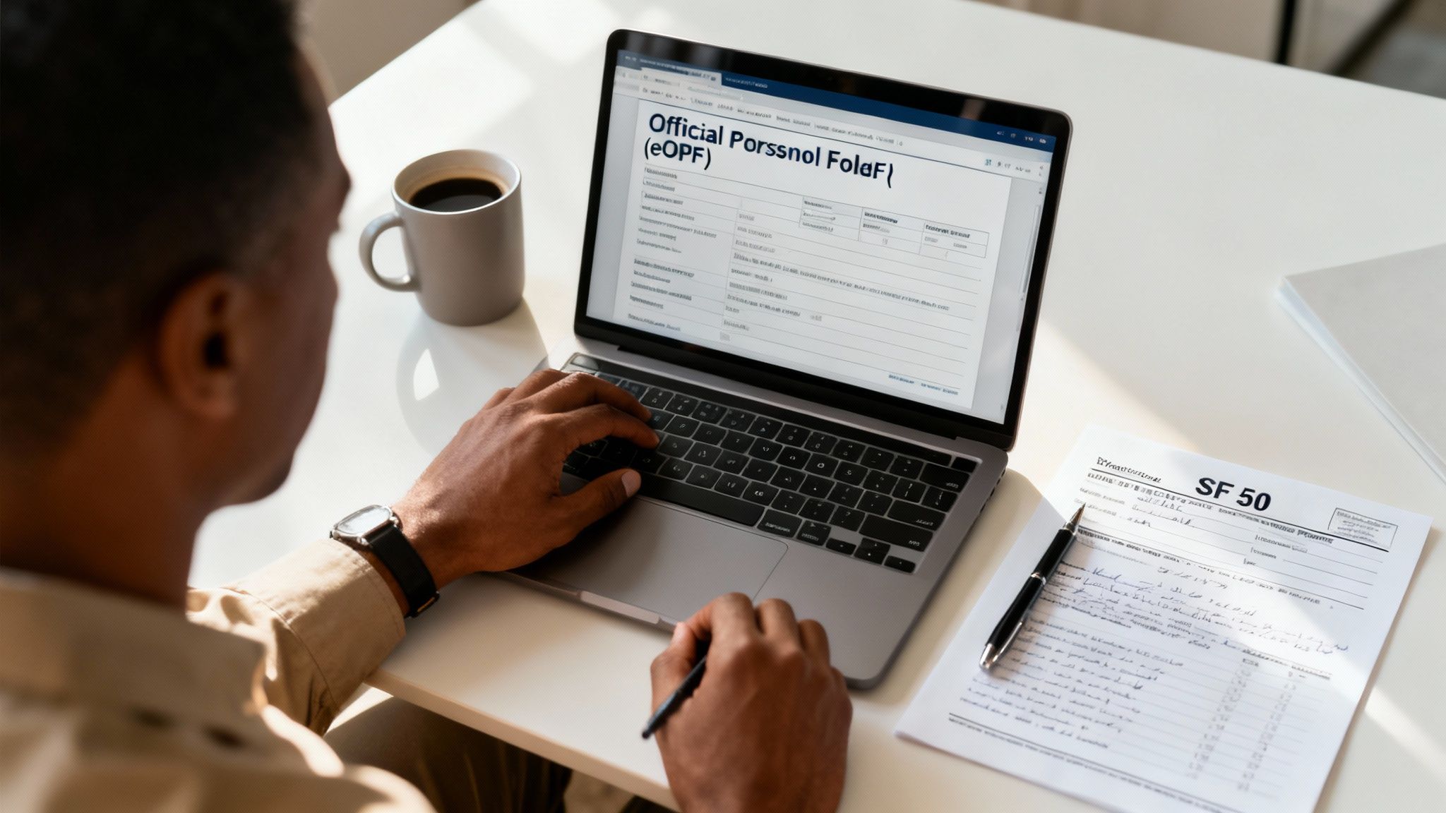 Person works at a desk, reviewing an SF 50 document and a digital eOPF file on a laptop.