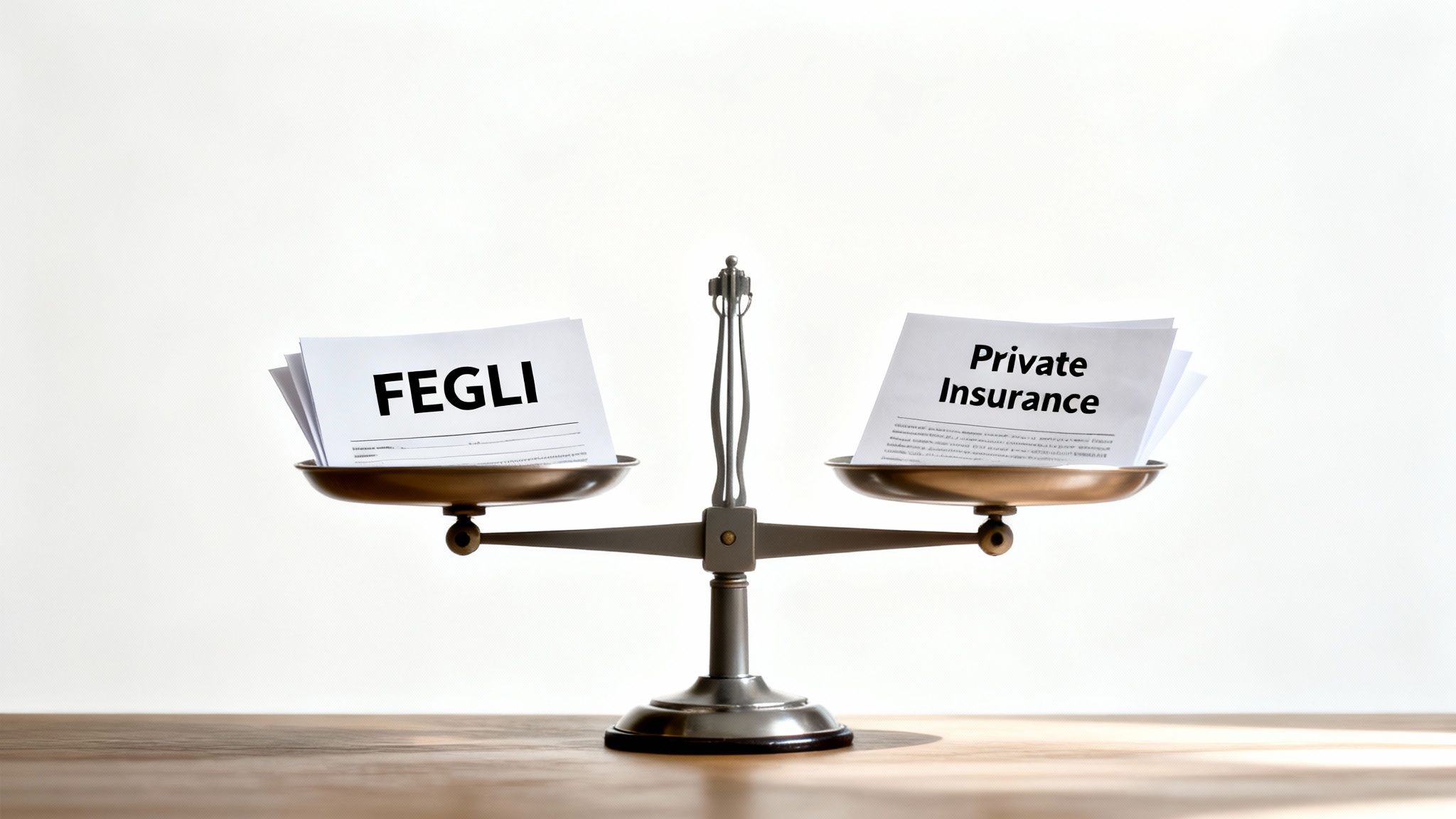A person holds two puzzle pieces, one labeled 'FEGLI' and the other 'Private Insurance,' fitting them together to form a complete picture of financial security.