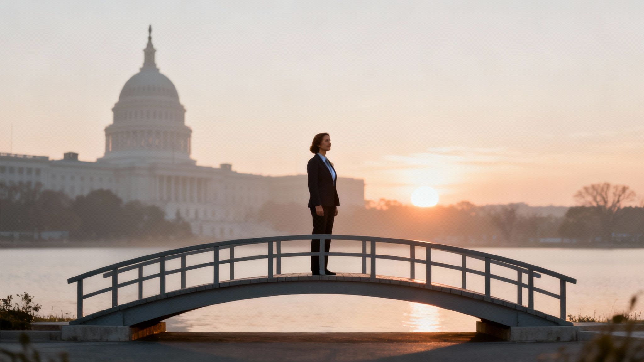 Professional woman stands on a bridge overlooking the US Capitol building at a golden sunset.