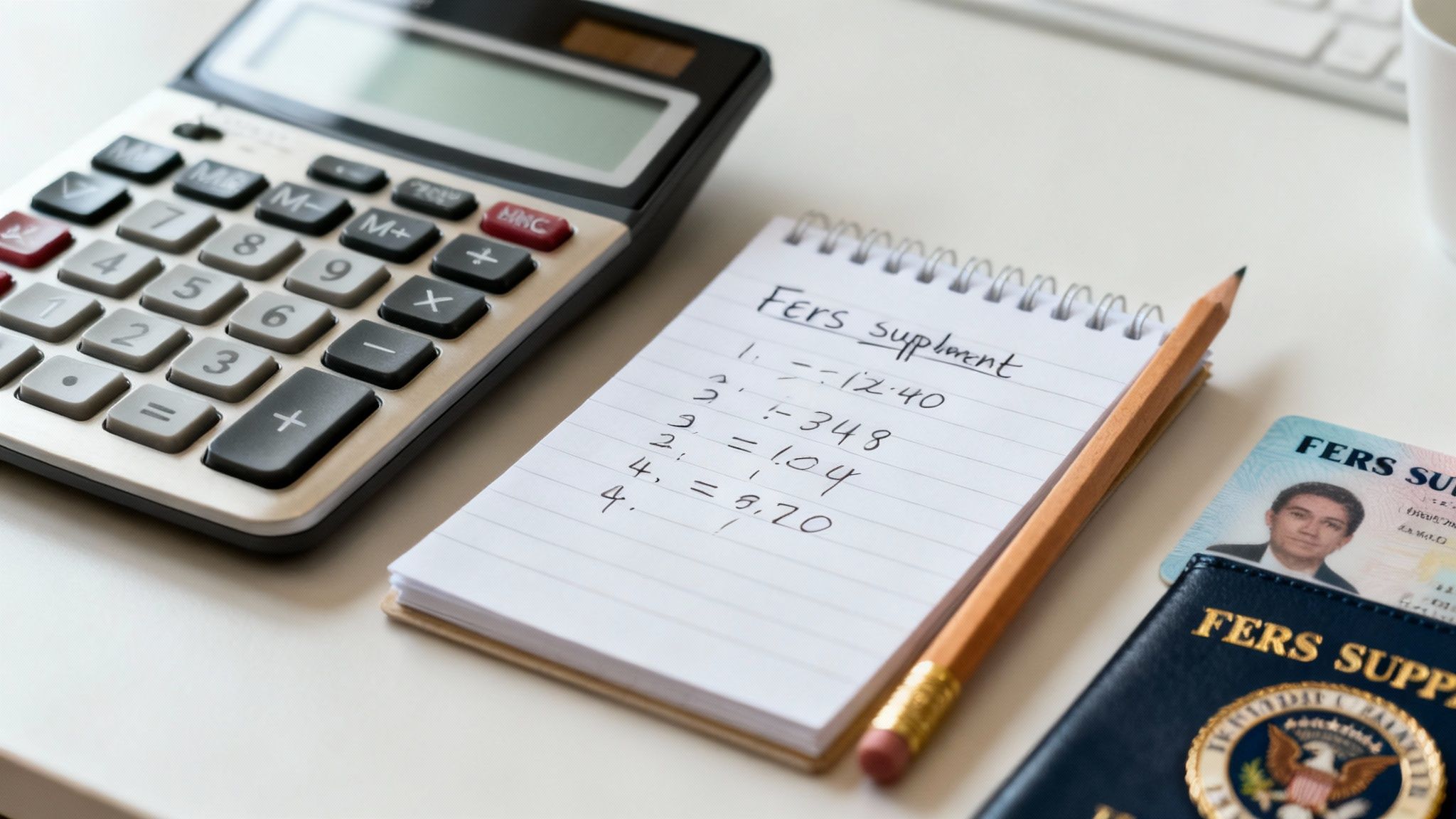 A calculator, notepad with FERS supplement calculations, pencil, and FERS identification card on a desk.