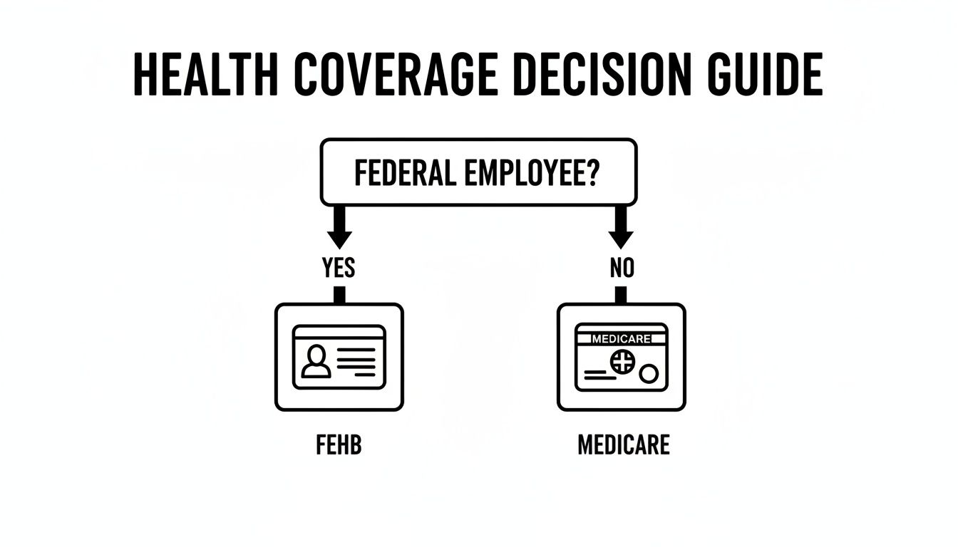 Flowchart guiding health coverage decisions: Federal employees consider FEHB, non-federal employees consider Medicare.