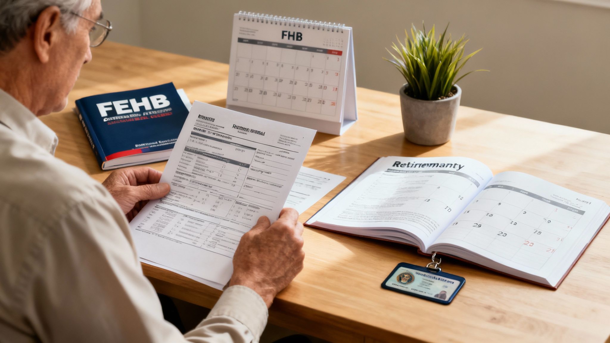 Elderly man reviewing retirement documents and calendars on a wooden desk, planning for the future.
