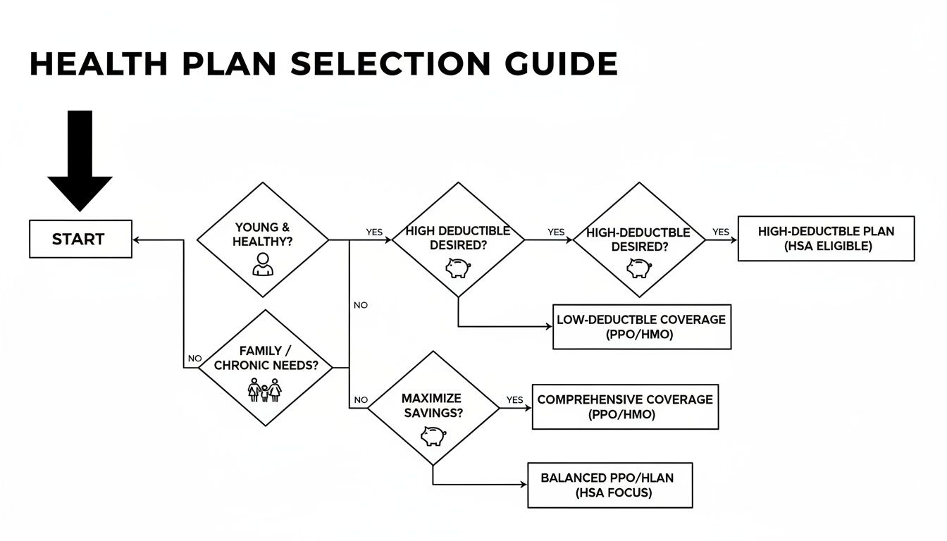 Flowchart diagram guiding users through health plan selection based on personal needs and financial preferences.
