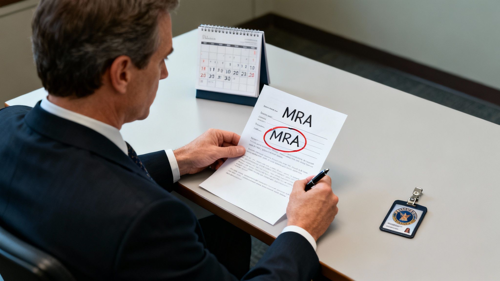 A man in a suit reviews a document marked "MRA," related to federal employee retirement.