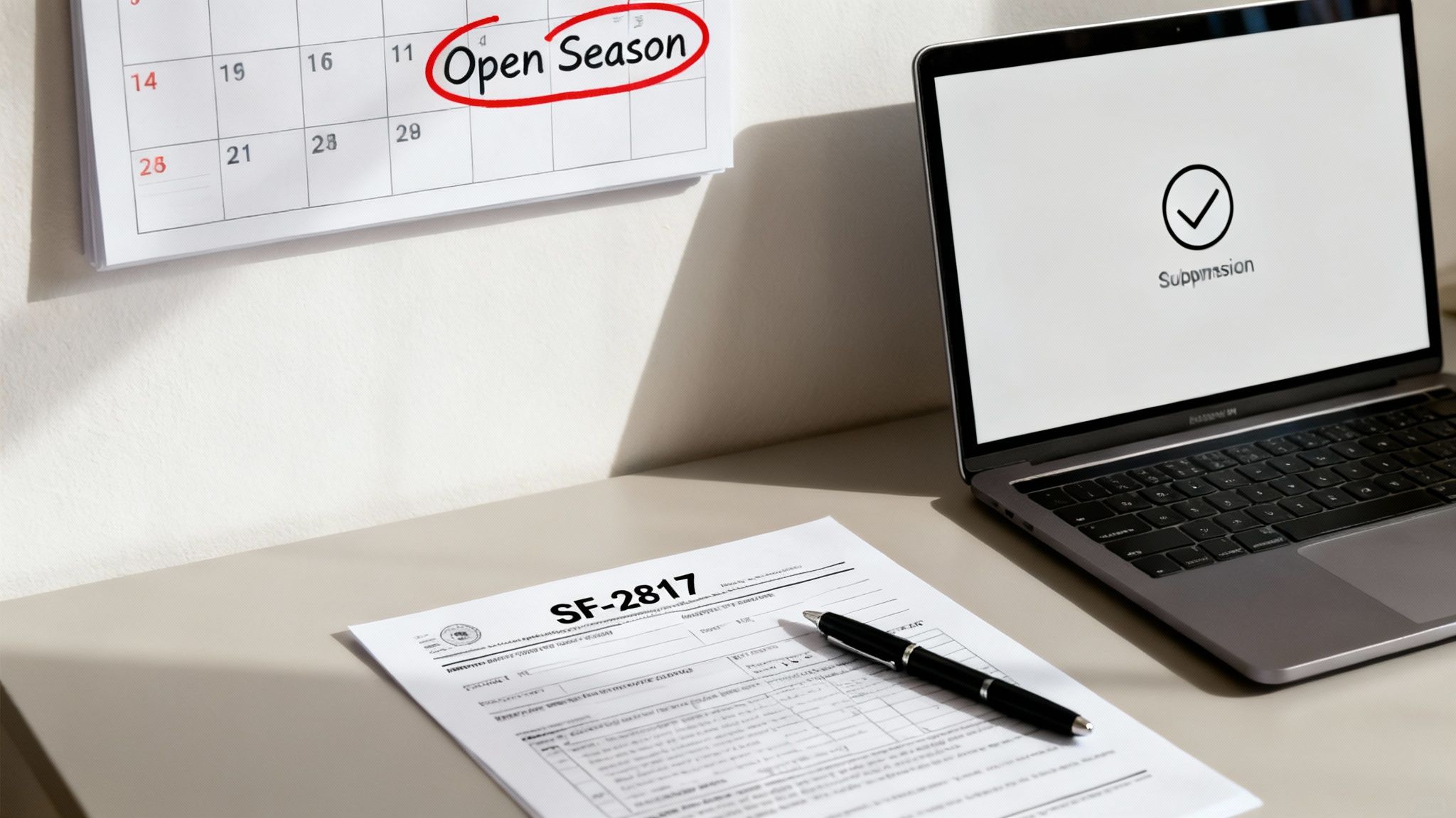 A calendar showing 'Open Season', a laptop with 'Submission', and an SF-2817 form with a pen.