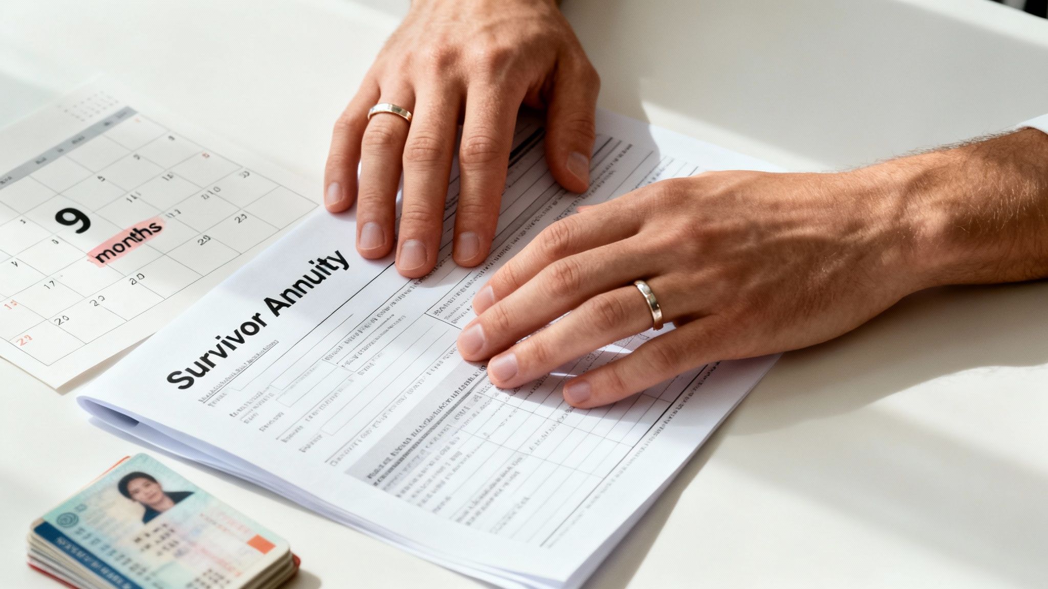 Hands on a 'Survivor Annuity' document, with a calendar showing '9 months' and identification cards.