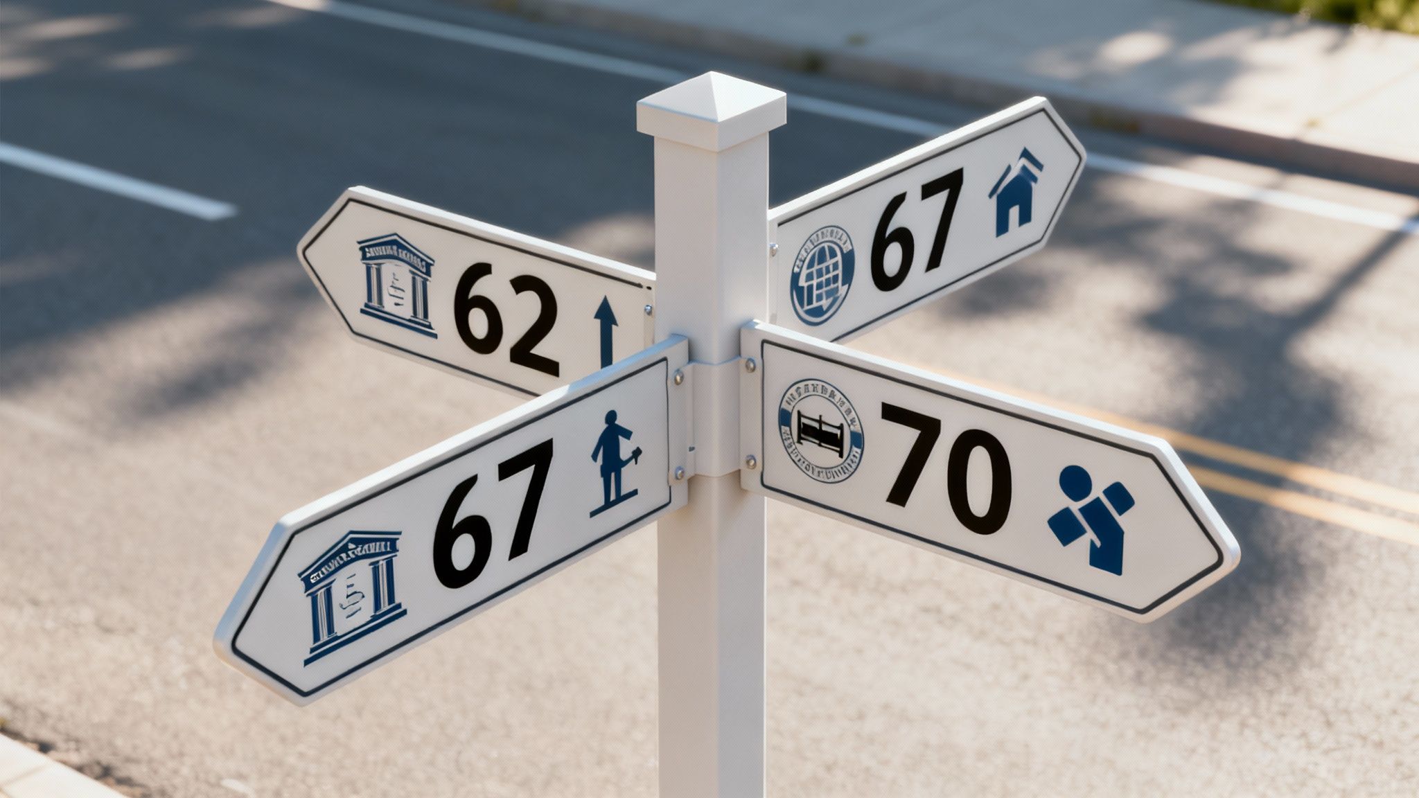 A person at a crossroads, looking at signs pointing towards different retirement ages like 62, 67, and 70, symbolizing a claiming strategy decision.
