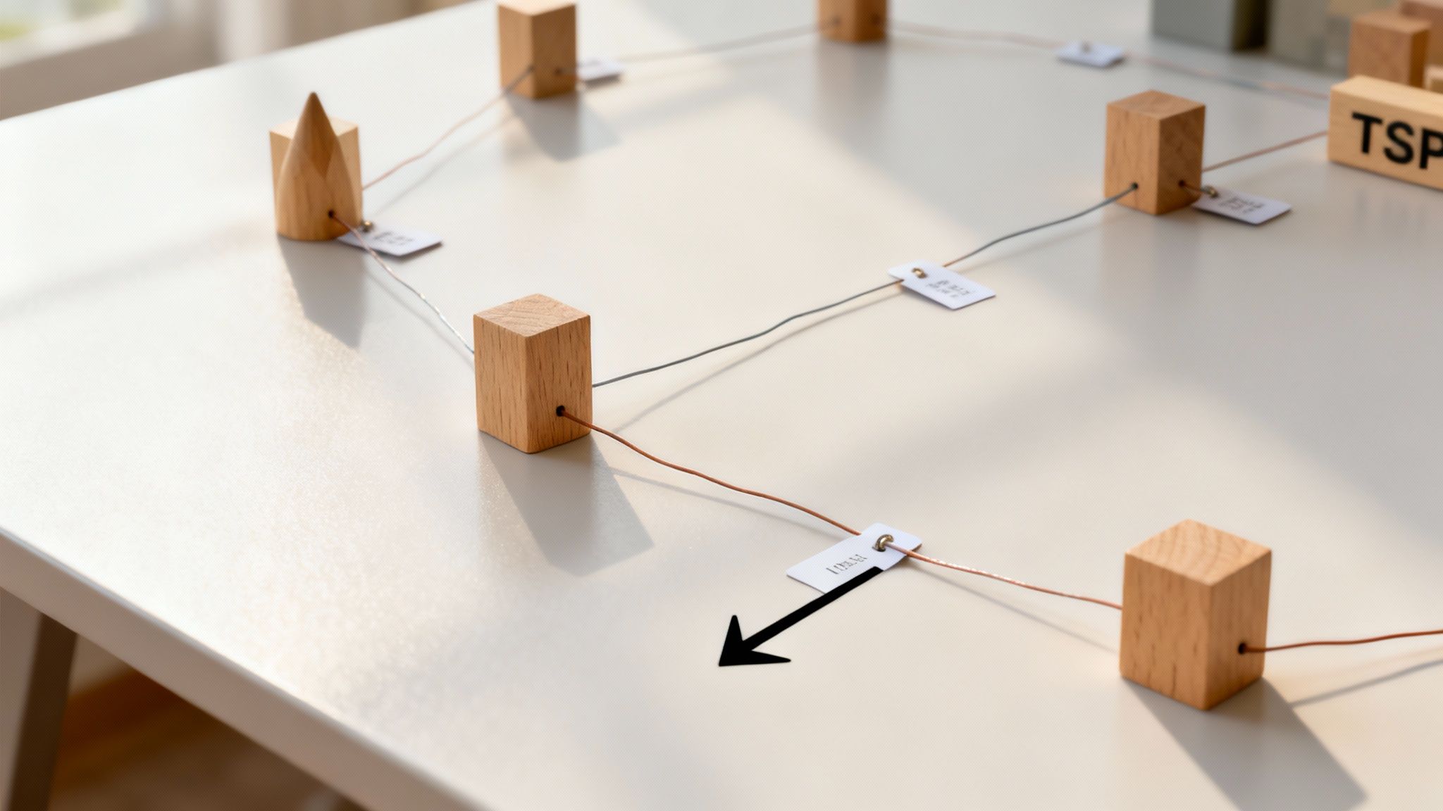 A conceptual model demonstrating the Traveling Salesperson Problem with wooden blocks, wires, and labeled tags.