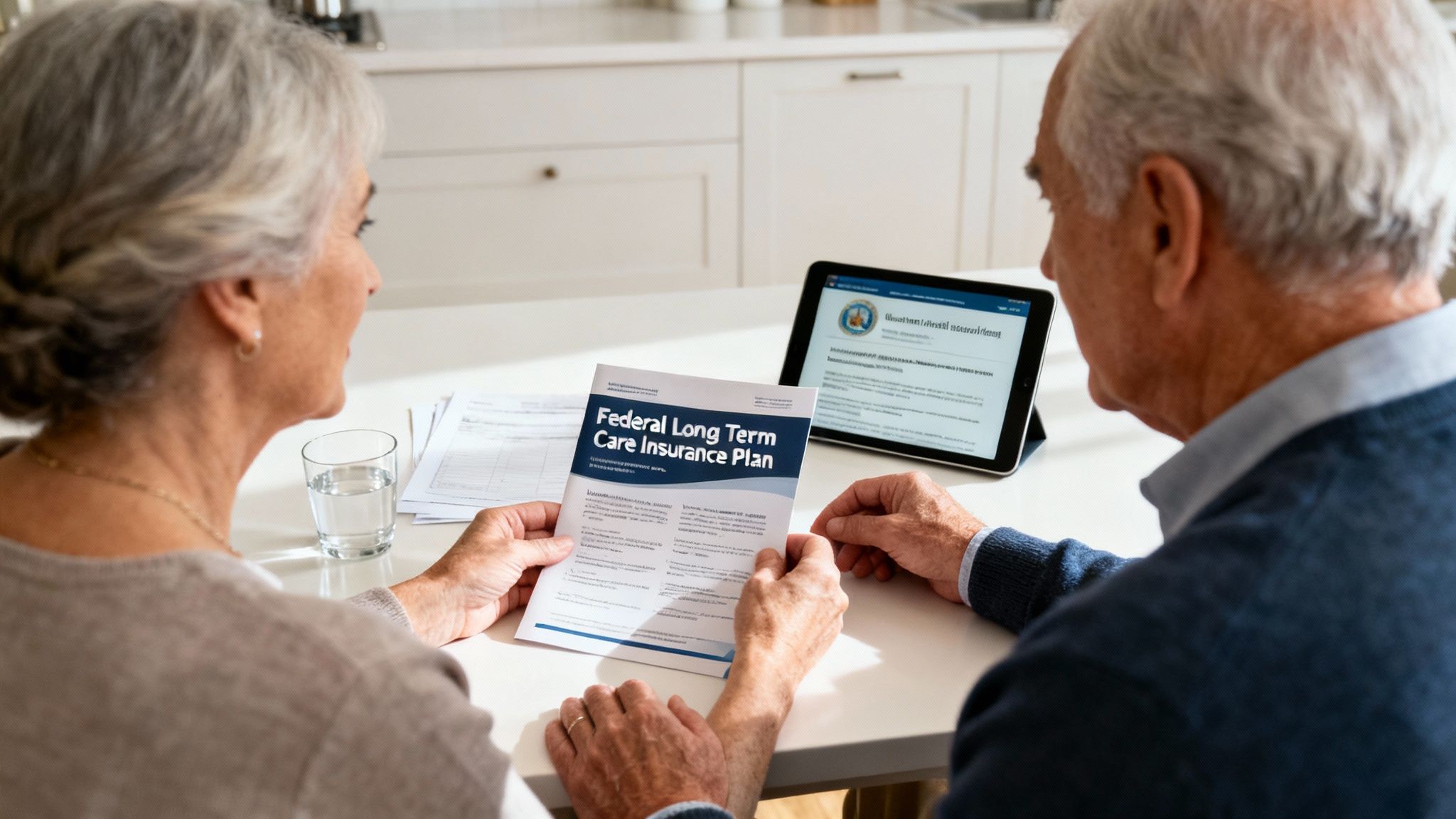 Senior couple reviewing a 'Federal Long Term Care Insurance Plan' brochure at a table. Senior couple reviewing a 'Federal Long Term Care Insurance Plan' brochure at a table.
