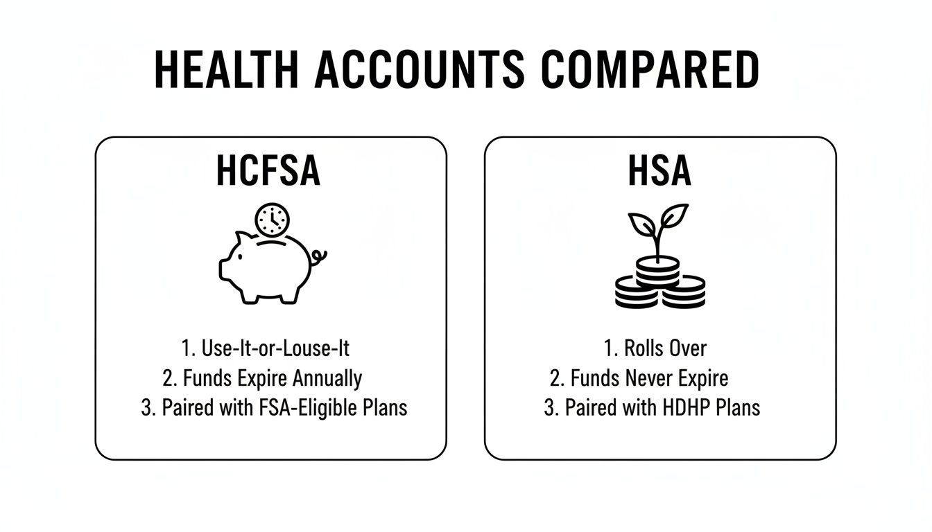 Infographic comparing Health Care Flexible Spending Accounts (HCFSA) and Health Savings Accounts (HSA) benefits.