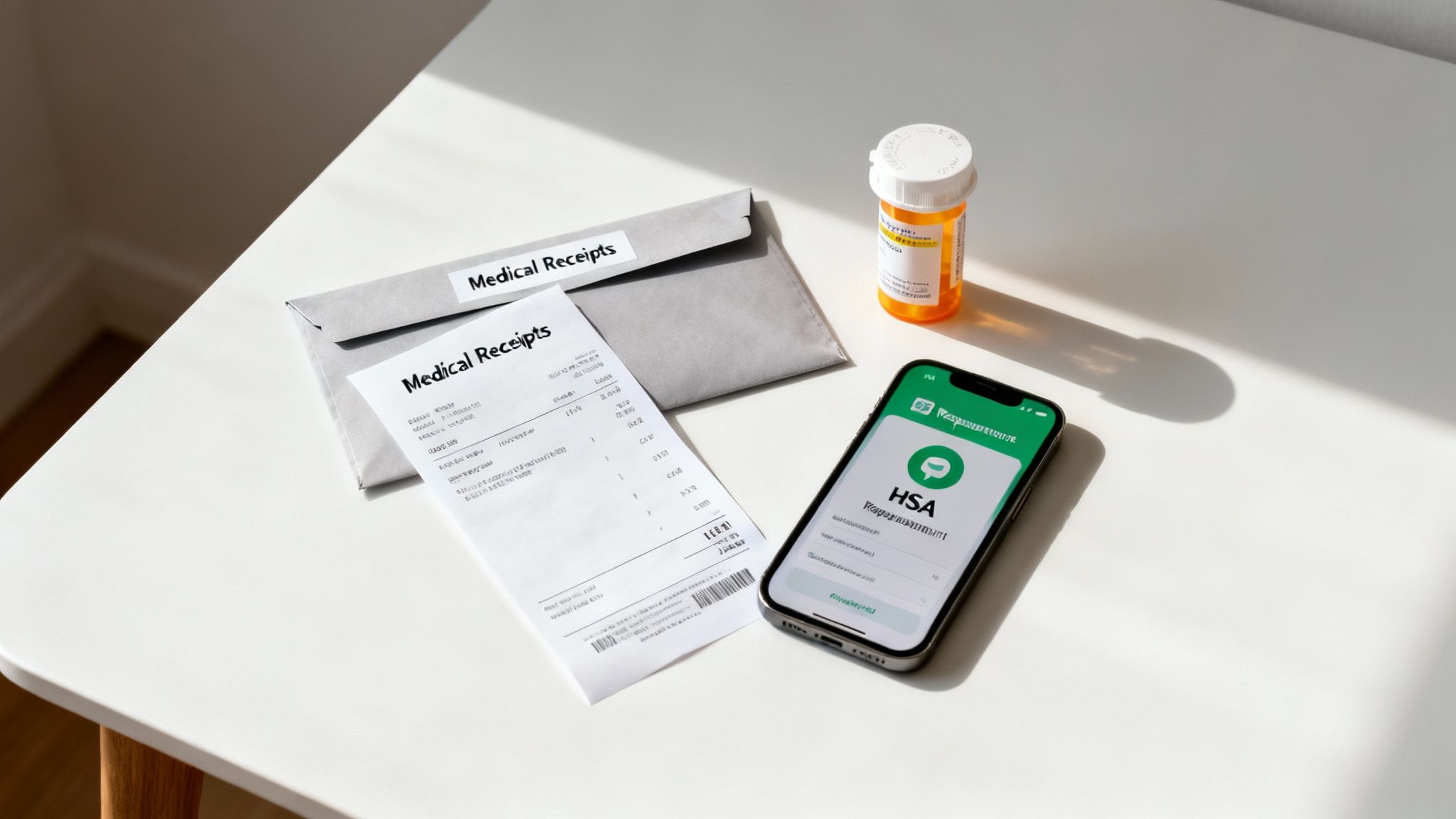 Medical receipts, a pill bottle, and a smartphone displaying an HSA app on a white table.