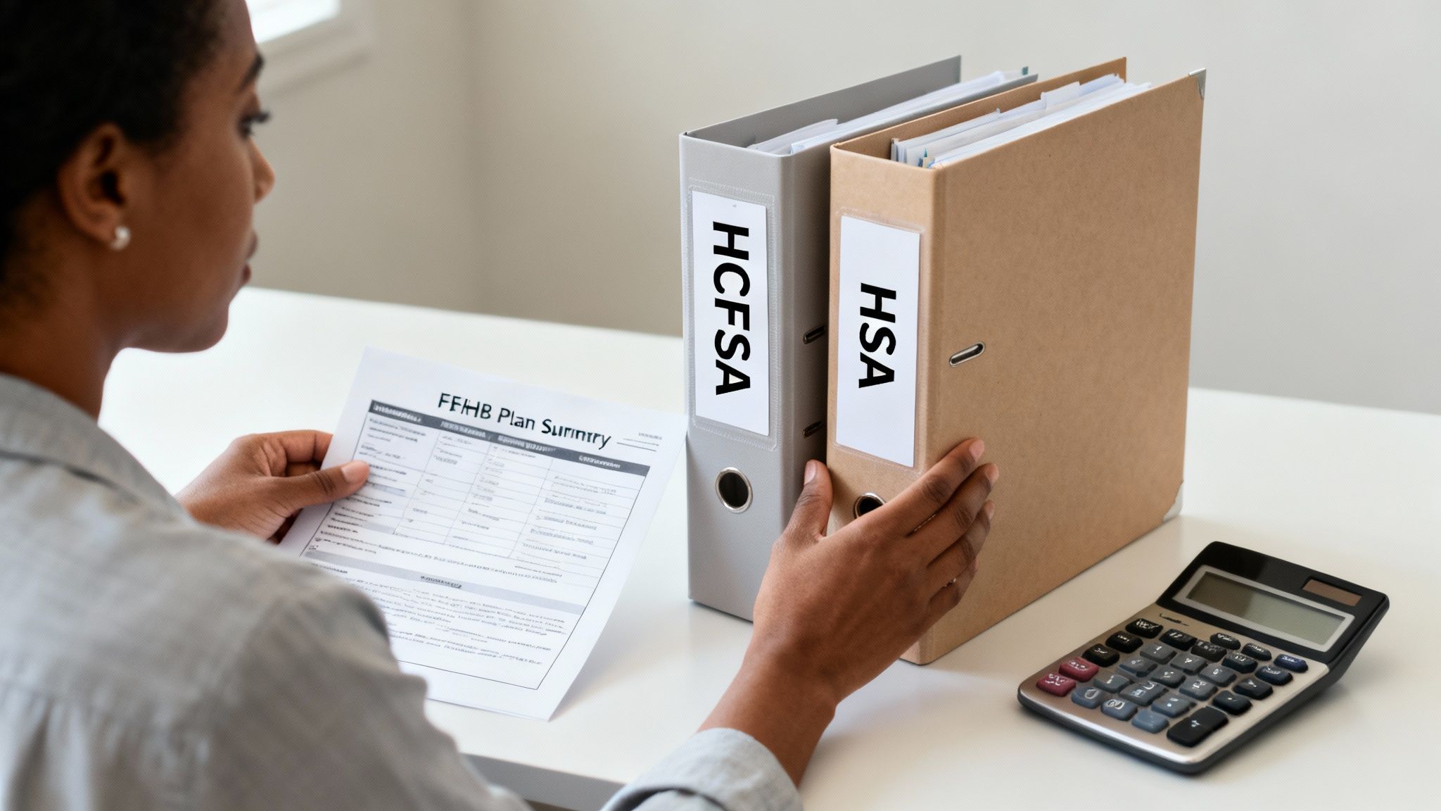 A person reviewing health savings accounts (HSA) and flexible spending accounts (HCFSA) with a plan summary.