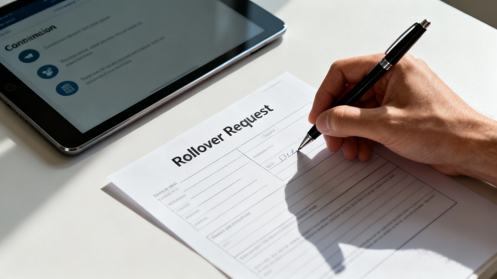 A person sitting at a desk and reviewing financial documents, symbolizing the process of a TSP rollover A person sitting at a desk and reviewing financial documents, symbolizing the process of a TSP rollover