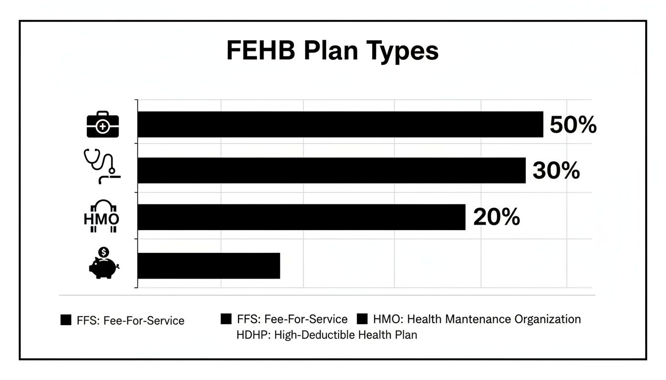 Bar chart displaying the distribution of FEHB Plan Types including FFS, HMO, and HDHP.