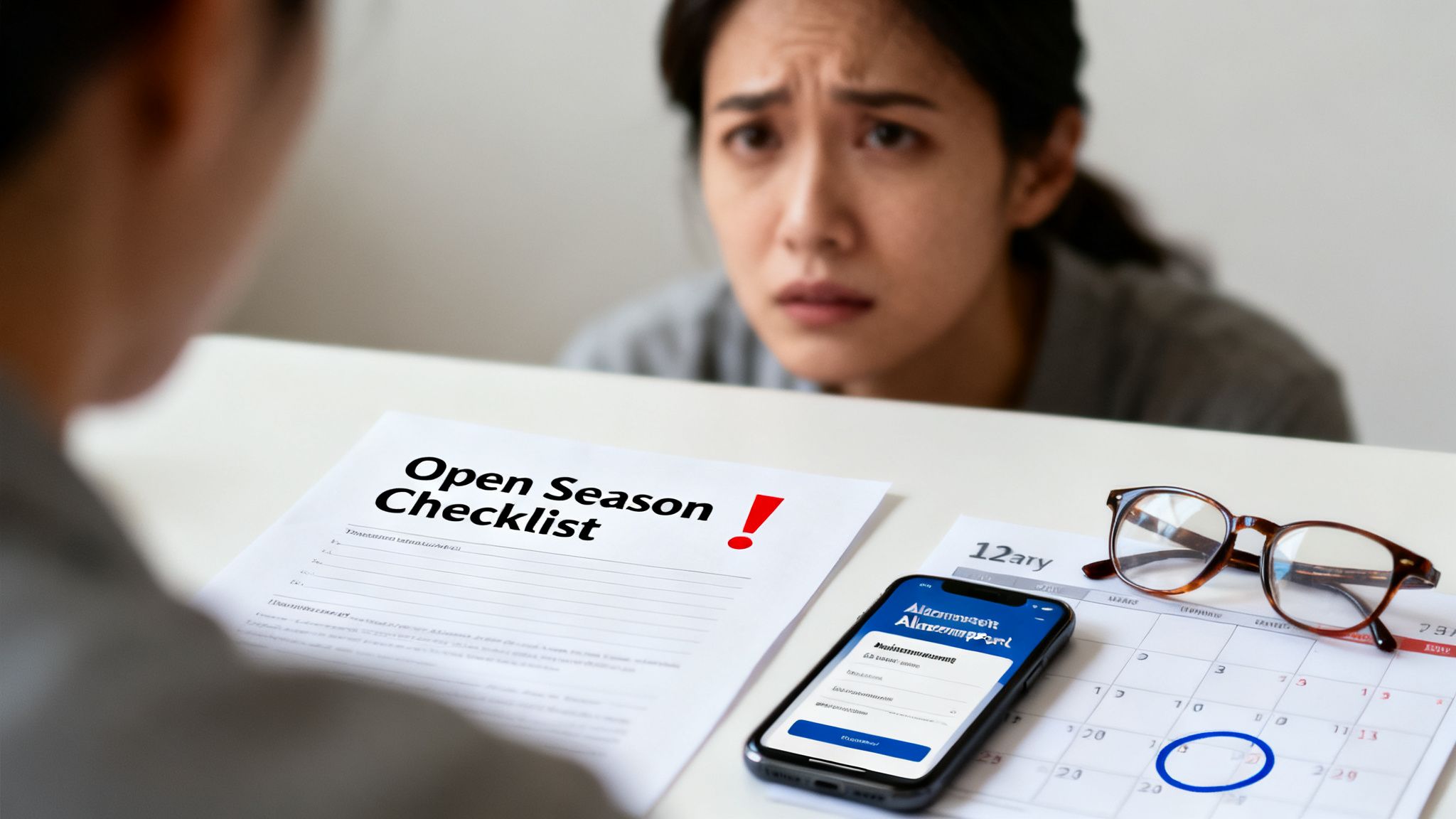 A worried woman looks at an 'Open Season Checklist' document, a smartphone, a calendar, and eyeglasses on a desk.