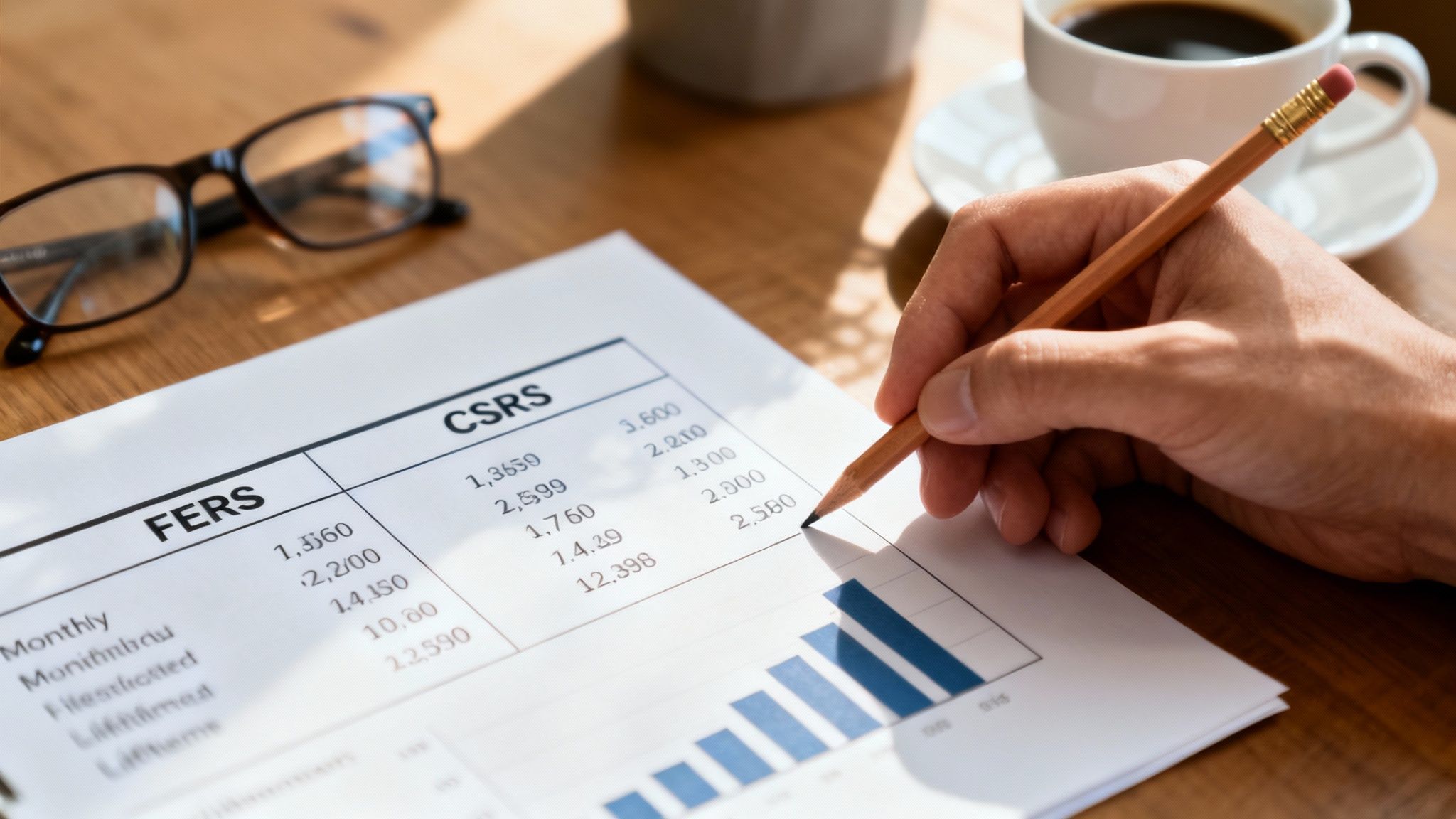 Hand with a pencil pointing at a document detailing FERS and CSRS data and a bar chart. Hand with a pencil pointing at a document detailing FERS and CSRS data and a bar chart.
