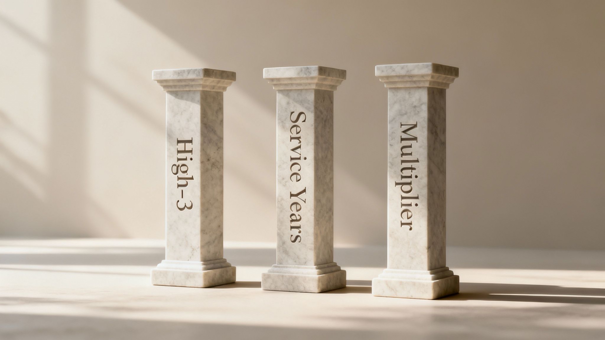 Three marble pillars representing retirement service milestones high-3 service years and multiplier concepts