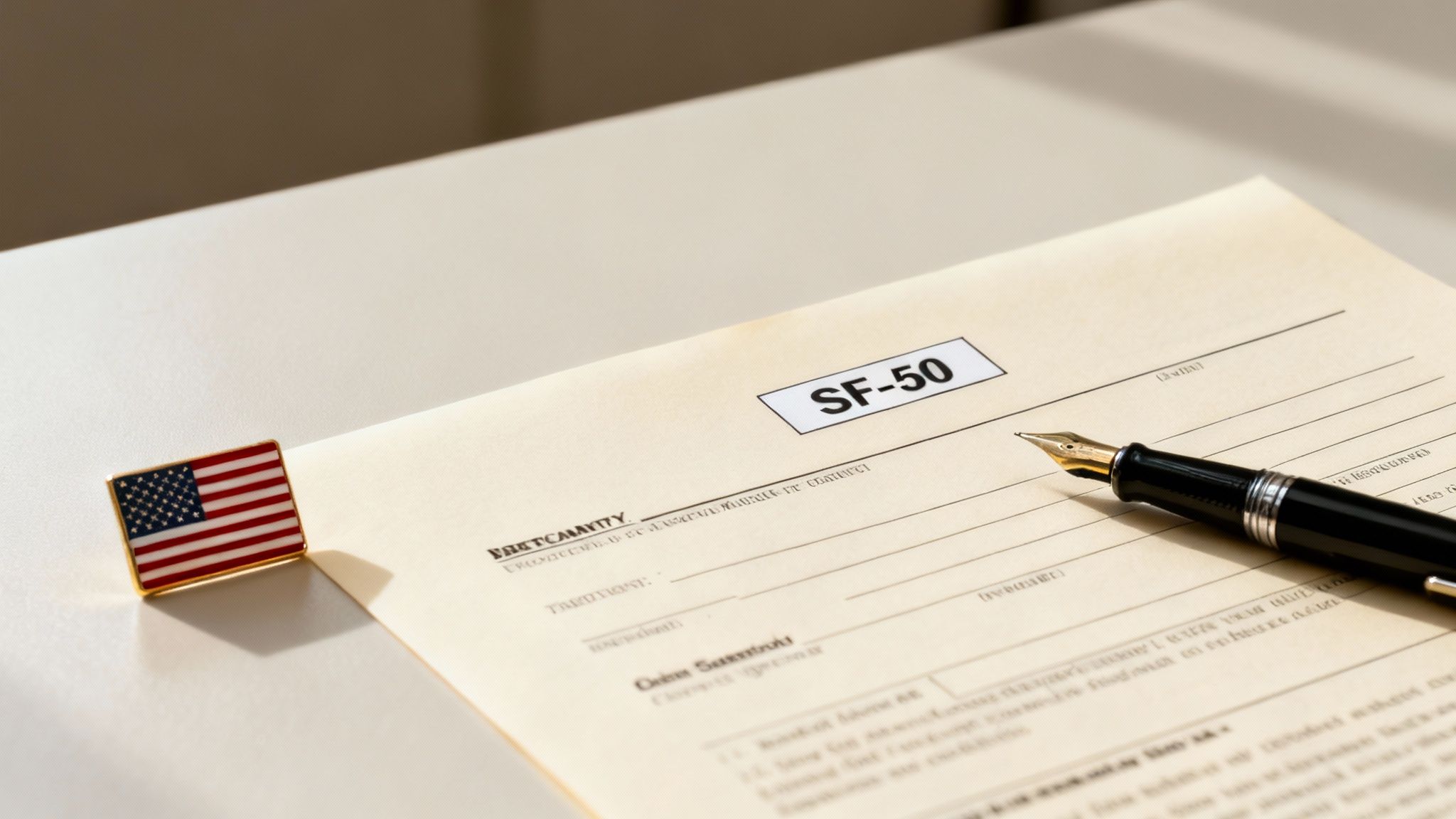 A federal SF-50 document lies on a light desk next to an American flag pin and a fountain pen.