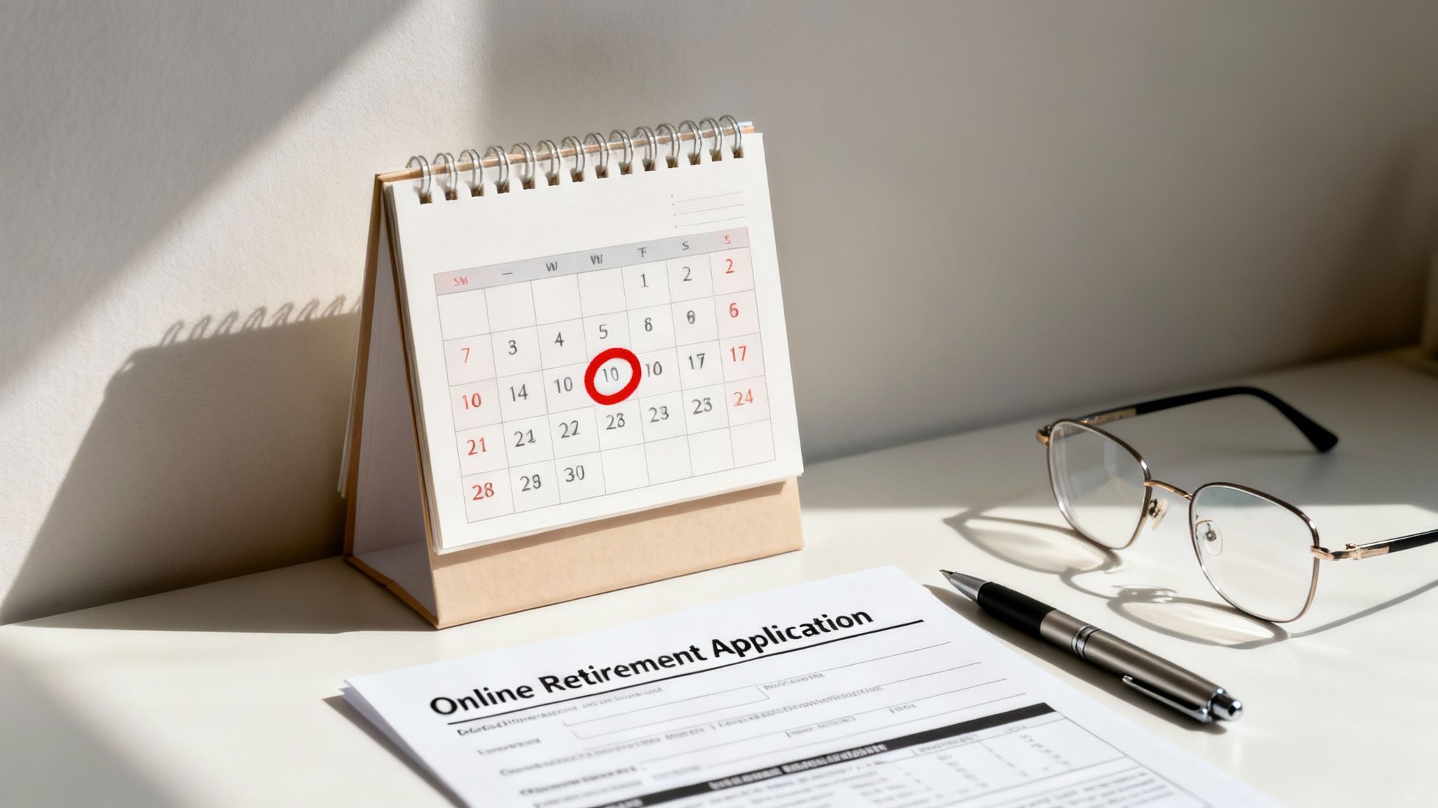 A desk with a calendar showing a circled date, an online retirement application form, pen, and glasses.