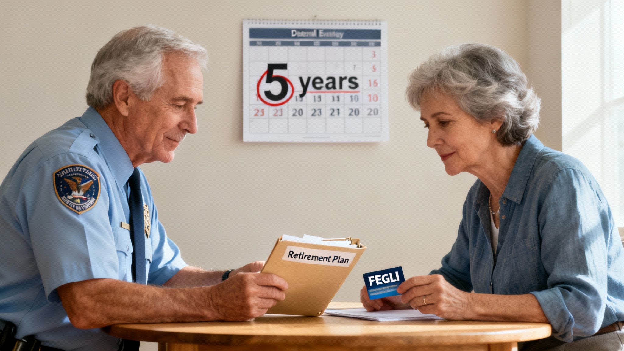 A police officer and an elderly woman discuss a retirement plan, with a FEGLI card and '5 years' on a calendar.