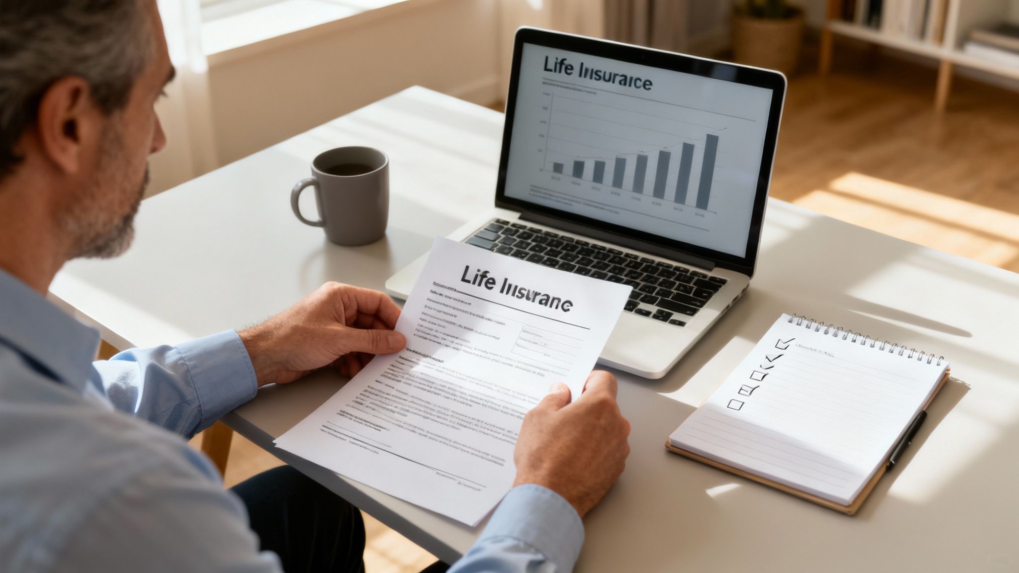 Man reviewing a life insurance document and analyzing data on a laptop, with a checklist nearby.